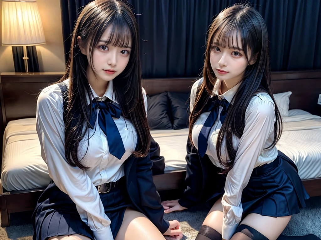 (8K, Raw photography, top-quality, masterpiece:1.2), master piece, best quality, illustration, Super detailed, fine details, High resolution, 8K,wall paper, perfect dynamic composition,(Details High quality, realistic depiction of eyes:1.3), ((2 girls, 2 schoolgirls)), The background is a luxury hotel room、High school girl uniform、blazer 、Super Short Check Uniform Skirt、Navy blue high socks、garterbelts、Colossal tits、Disturbed uniform, Play with each other,Touching each other's bodies,Touching the body of the girl next door, short bob hair, black hair color, huge breasts, Big Natural Color Lip, bold sexy pose, (perfect body shape), crying a little、cold gaze, Beautiful makeup,glitter makeup,Cutest 18 years old, beautiful legs, hposing Gravure Idol, Voluptuous thighs