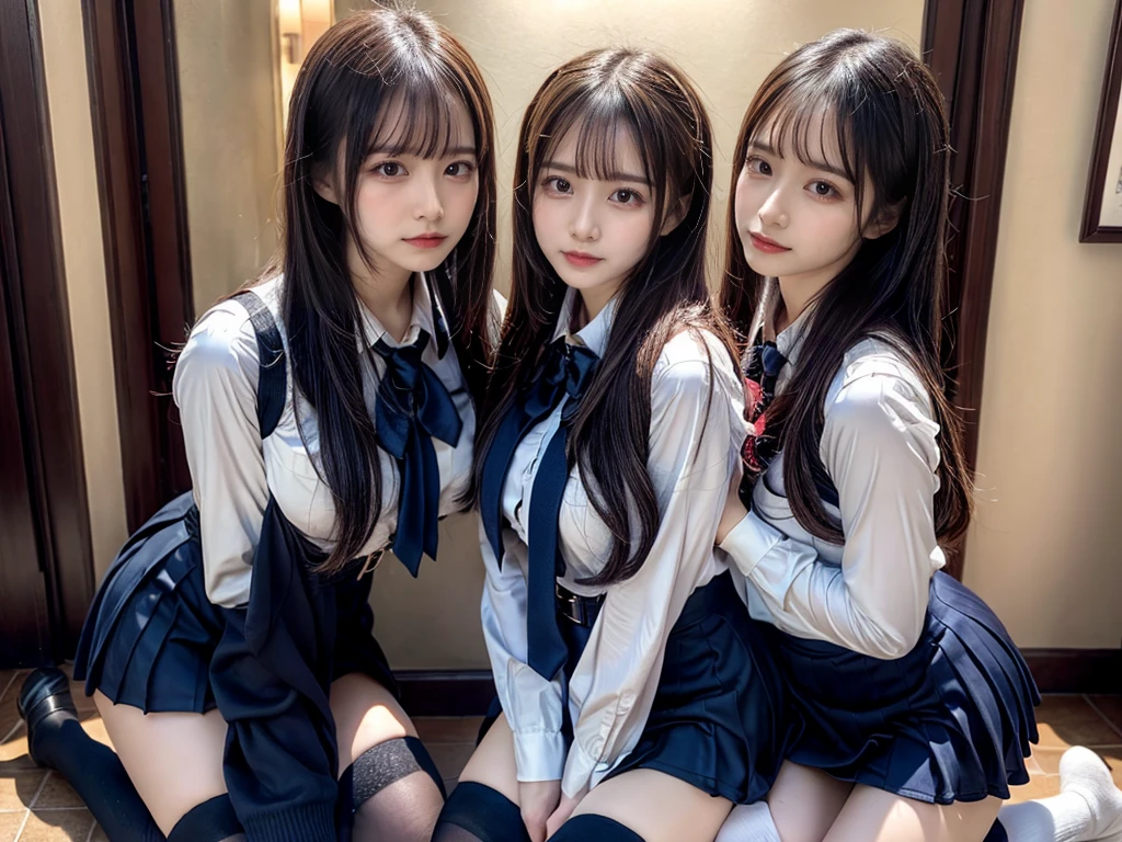 (8K, Raw photography, top-quality, masterpiece:1.2), master piece, best quality, illustration, Super detailed, fine details, High resolution, 8K,wall paper, perfect dynamic composition,(Details High quality, realistic depiction of eyes:1.3), ((2 girls, 2 schoolgirls)), The background is a luxury hotel room、High school girl uniform、blazer 、Super Short Check Uniform Skirt、Navy blue high socks、garterbelts、Colossal tits、Disturbed uniform, Play with each other,Touching each other's bodies,Touching the body of the girl next door, short bob hair, black hair color, huge breasts, Big Natural Color Lip, bold sexy pose, (perfect body shape), crying a little、cold gaze, Beautiful makeup,glitter makeup,Cutest 18 years old, beautiful legs, hposing Gravure Idol, Voluptuous thighs