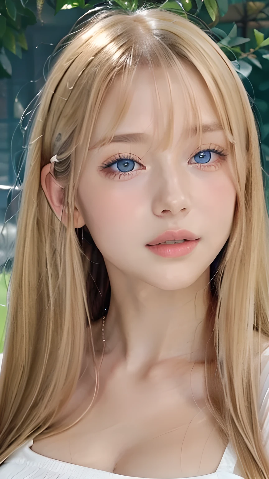 Portrait、、Bright expression、ponytail、Young shiny glossy white glossy skin、Great looks、Blonde reflection、Bangs between the eyes、bangs on the face、Platinum blonde hair with dazzling highlights、Shiny bright hair,、Smooth, super long, straight hair、Shiny beautiful bangs、Sparkling, crystal clear, attractive big blue eyes、Very beautiful, lovely and cute 16 year old girl、Ample Bust