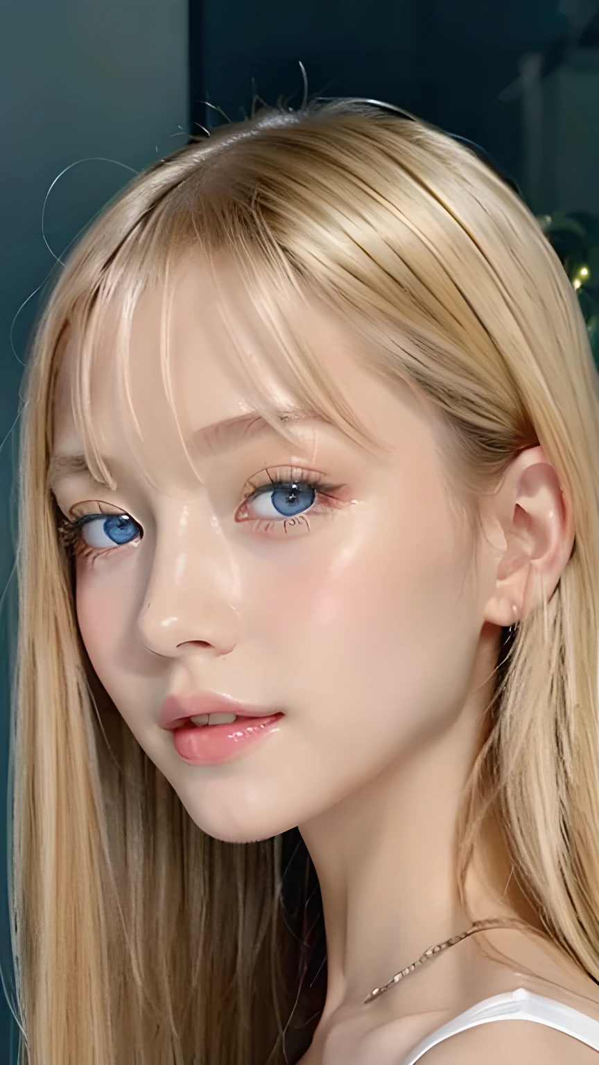 Portrait、、Bright expression、ponytail、Young shiny glossy white glossy skin、Great looks、Blonde reflection、Bangs between the eyes、bangs on the face、Platinum blonde hair with dazzling highlights、Shiny bright hair,、Smooth, super long, straight hair、Shiny beautiful bangs、Sparkling, crystal clear, attractive big blue eyes、Very beautiful, lovely and cute 16 year old girl、Ample Bust