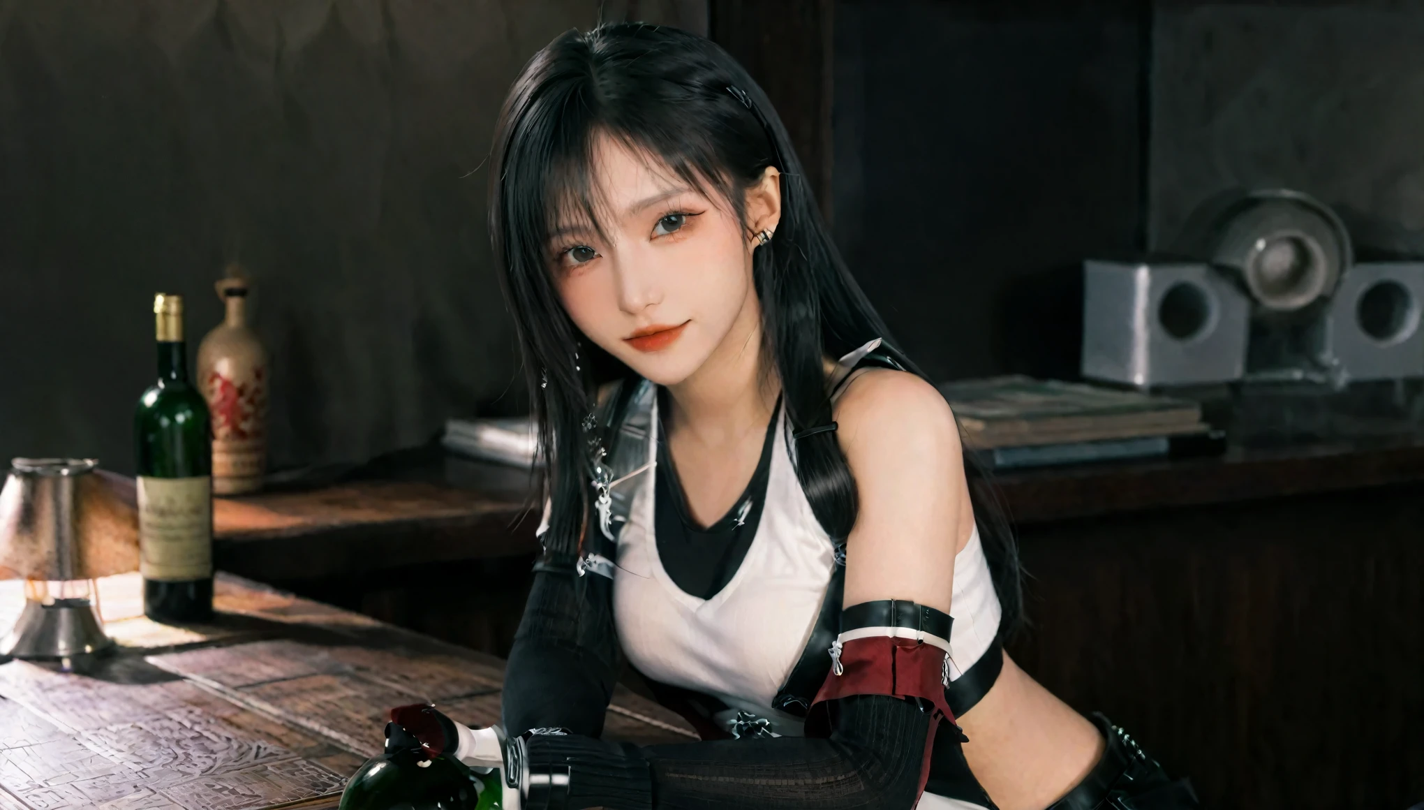 there is a woman sitting at a table with a bottle of wine, portrait of tifa lockhart, tifa lockhart portrait, tifa lockhart, tifa, seductive tifa lockhart portrait, tifa lockheart, tifa lockhart with white hair, glamorous tifa lockheart, final fantasy character, 8k portrait render, from final fantasy vii, from final fantasy