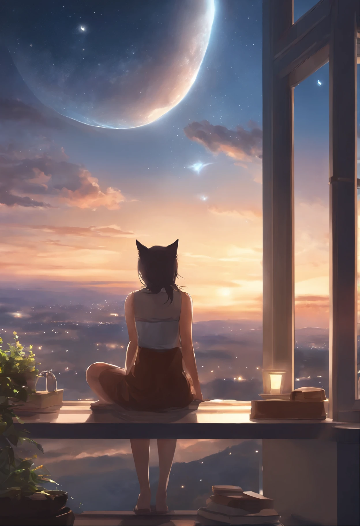 Anime cat-ear girl sitting on a shelf looking at the sky, Anime drawings inspired by Makoto Shinkai, Popular topics on pixiv, Space art, Cyril Rolland, 4k anime wallpaper, anime art wallpaper 8 k, Anime Art Wallpaper 4K, anime wallpaper 4k, anime wallpaper 4k, anime wallpaper 4k