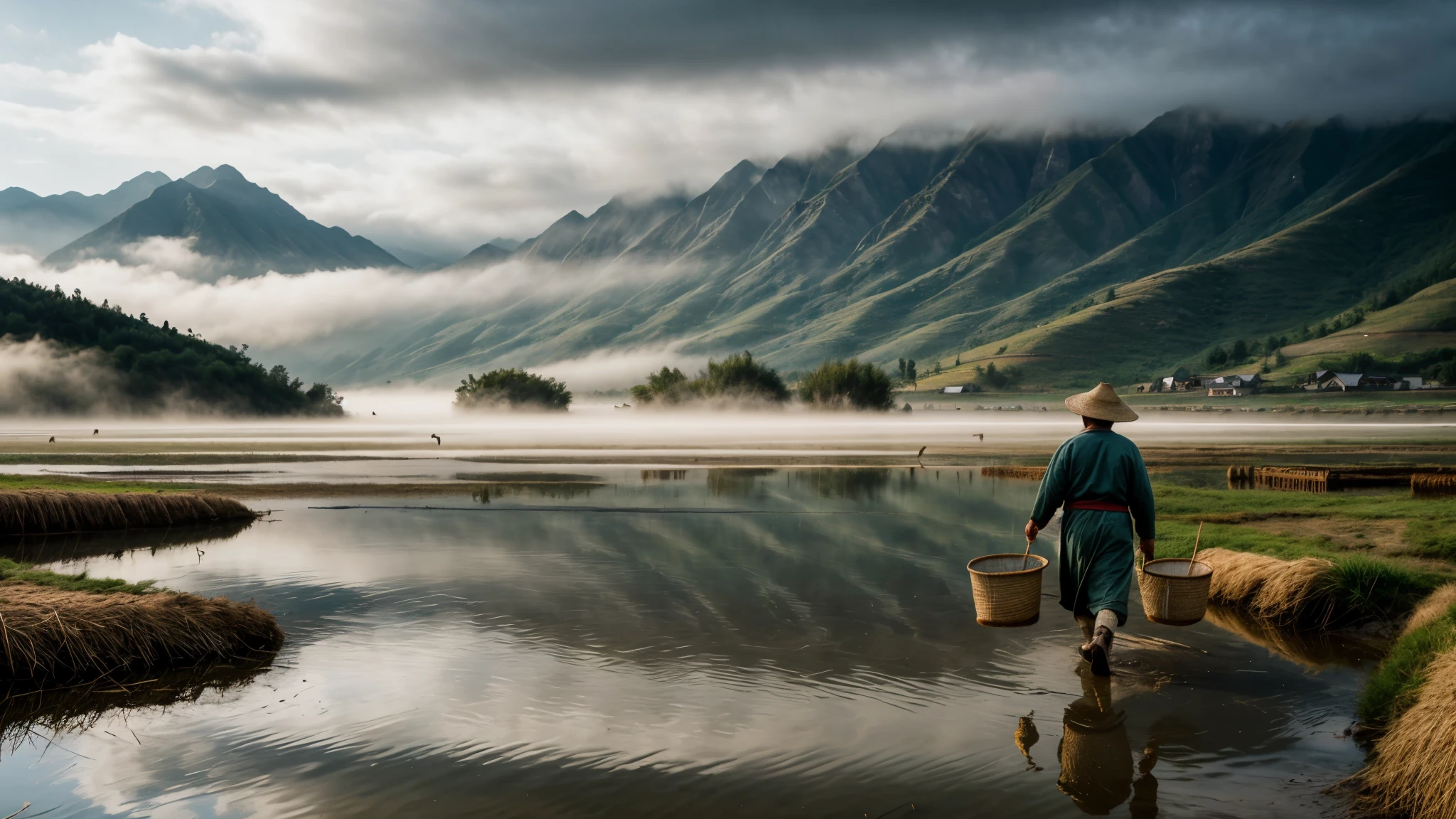highly realistic, and full-quality image of a traditional Chinese farmer carrying baskets across shallow water. The scene is set against a backdrop of mist-covered mountain ranges, evoking a moody and serene atmosphere. The farmer, dressed in a traditional conical hat and simple clothing, balances bamboo poles on his shoulders with baskets hanging from each end. The water should be calm, with subtle ripples reflecting the mountains and the overcast sky. Soft, diffused light filters through the mist, casting a gentle glow over the entire scene. Include small details like reeds in the water, distant silhouettes of other farmers or water buffalo, and the texture of the farmer's clothing and baskets to enhance the realism and detail of the image.