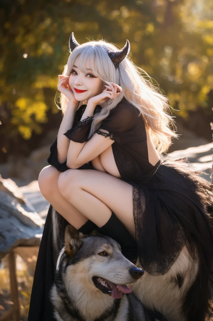 Beautiful 8K Ultra HD professional photos,Showcasing cleavage, Sharp focus, In a wonderful fantasy world, Cute silver haired girl,There are real devil horns and one mysterious giant wolf., A joyful smile, In bright natural light
