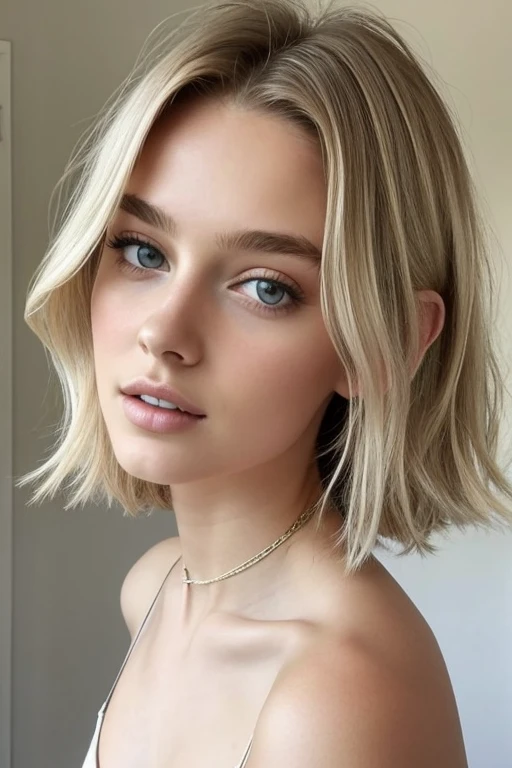 1 fille dans, 19 ans, Seulement, cheveux longs, Colossal , regarder le spectateur, cheveux blond, bare shoulders, yeux marrons, bijoux, Tout le corps, un collier, off the shoulders, Chandails, Realistic, Un sexy
