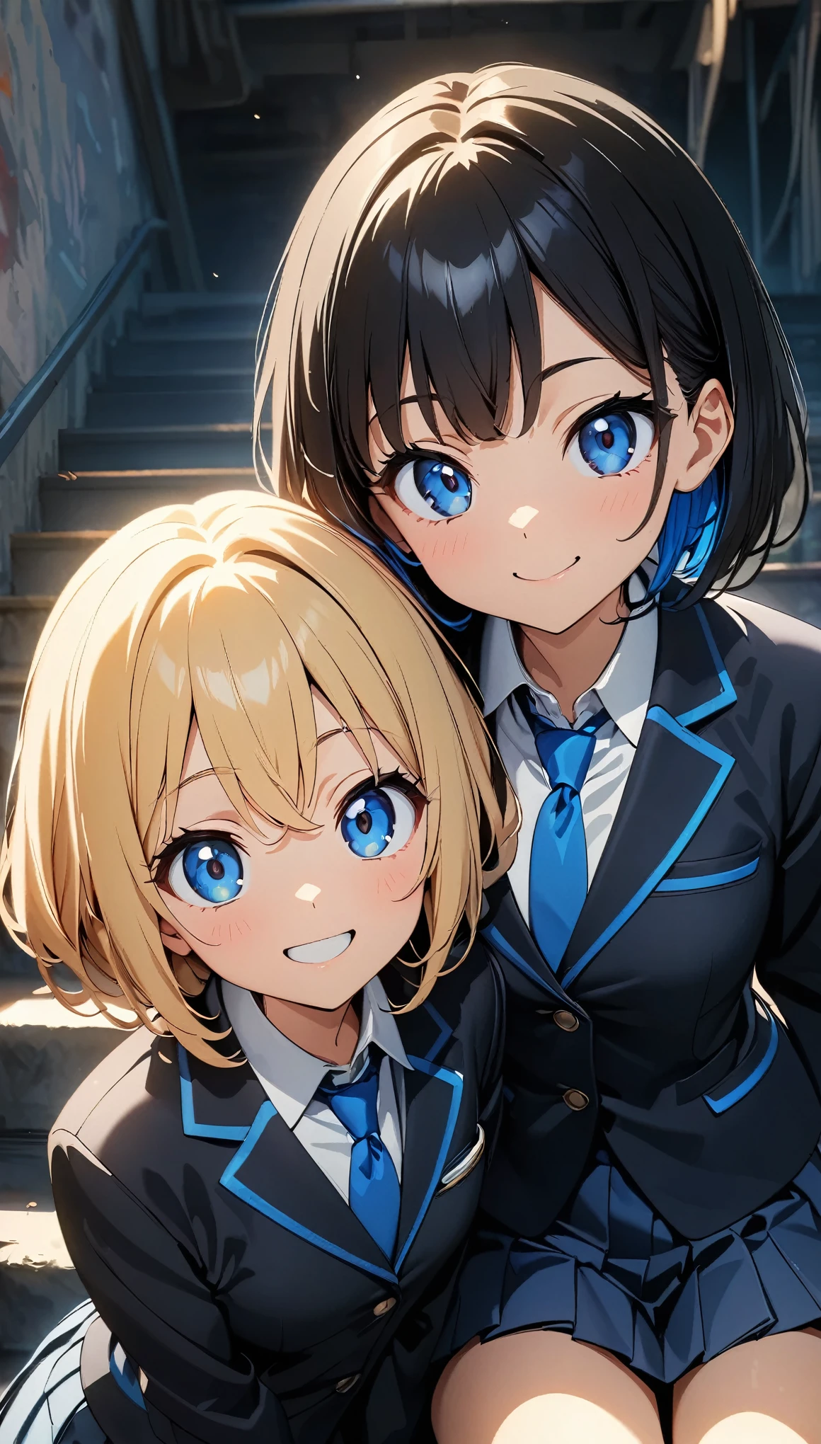 (highest quality:1.2, 4k, 8k, Studio Anime, Very detailed, Latest, Vibrant, High Detail, High Contrast, masterpiece:1.2, highest quality, Best aesthetics), (((2 girls))), Sitting side by side, , blazer, Blue tie, Pleated skirt, Standing side by side, smile, Cheek to cheek, Cute Girls, Get close, Friendly atmosphere, Fun and young々Cool atmosphere, Precision and focus, Striking contrast,