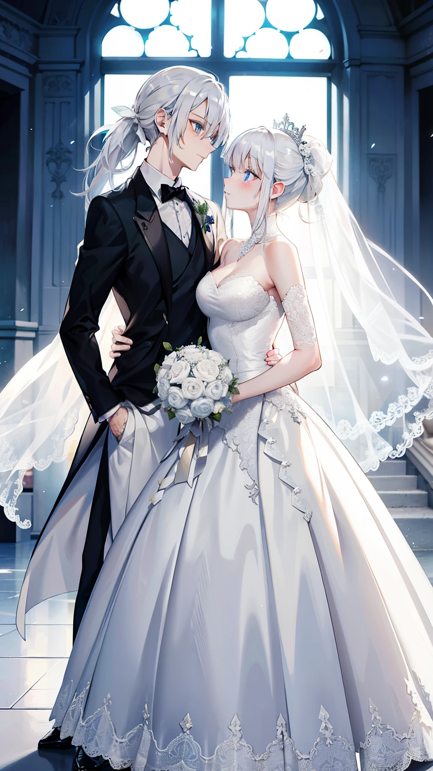 White hair，Long gray hair，High Ponytail，blue eyes，Wedding dress，wedding