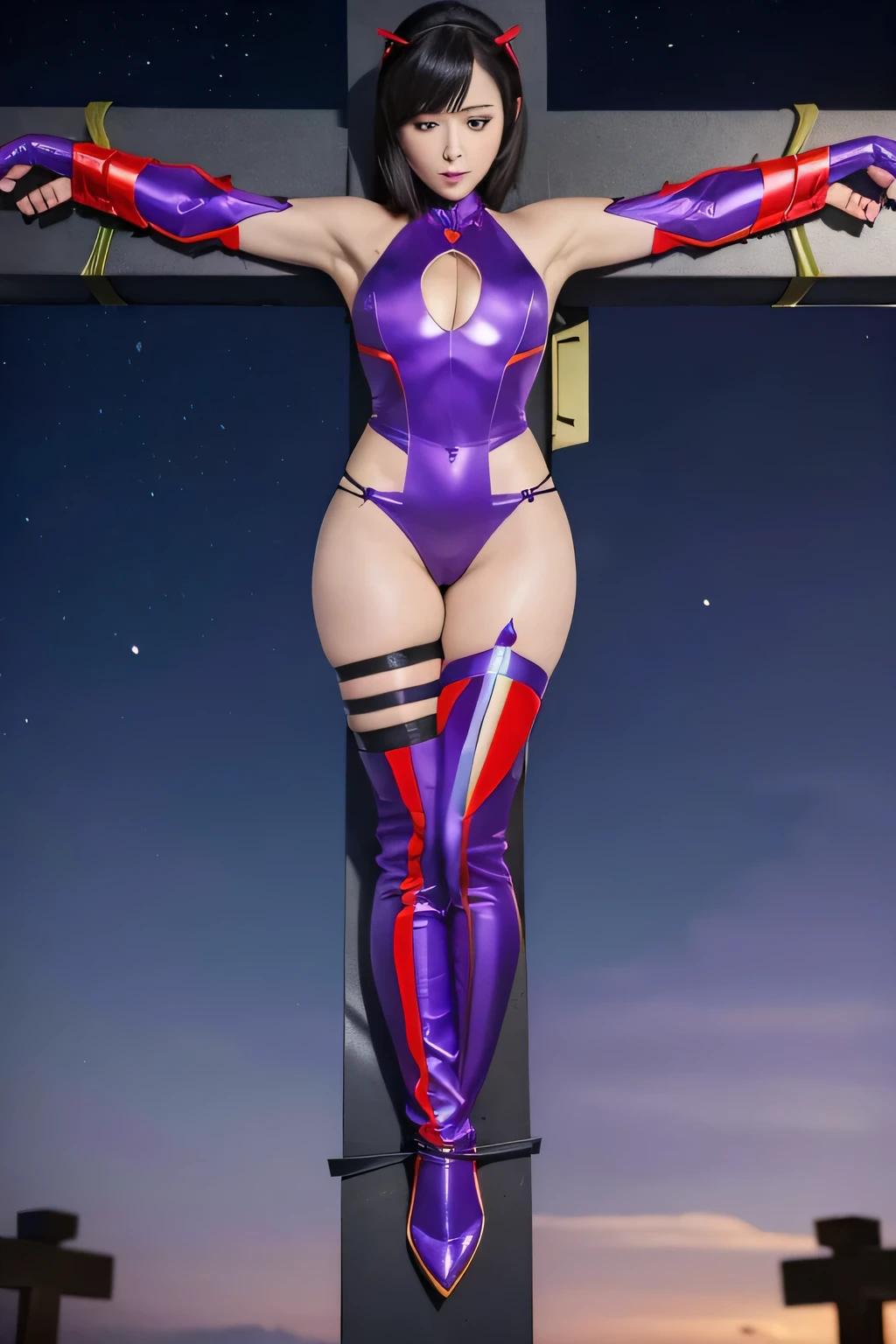 masterpiece,highest quality, 超A high resolution, (Realistic)、RAW Photos,(every time :1.2), ((One Japan woman、Sexy design、Wearing a purple and red Ultraman suit、Crucified on a cold cross))、(Landscape Photography)、((Detailed depiction down to the tips of the hands and feet))、
sharp、Halter neck, Exposed thighs:1.4、Long gloves,Thigh-high boots, Stiletto heels、(((Shine))),
Black-haired:1.3, Short Bob Hair:1.2, Big eyes:1.5、Plump face、(No headdress)、Solid eye makeup:1.5、Big ample breasts:1.1、((whole body))、
Big Moon、Bright moonlight、Pink and red interpolated colors、Highly detailed eyes、Big Moon、Bright moonlight、Nebula Sky、