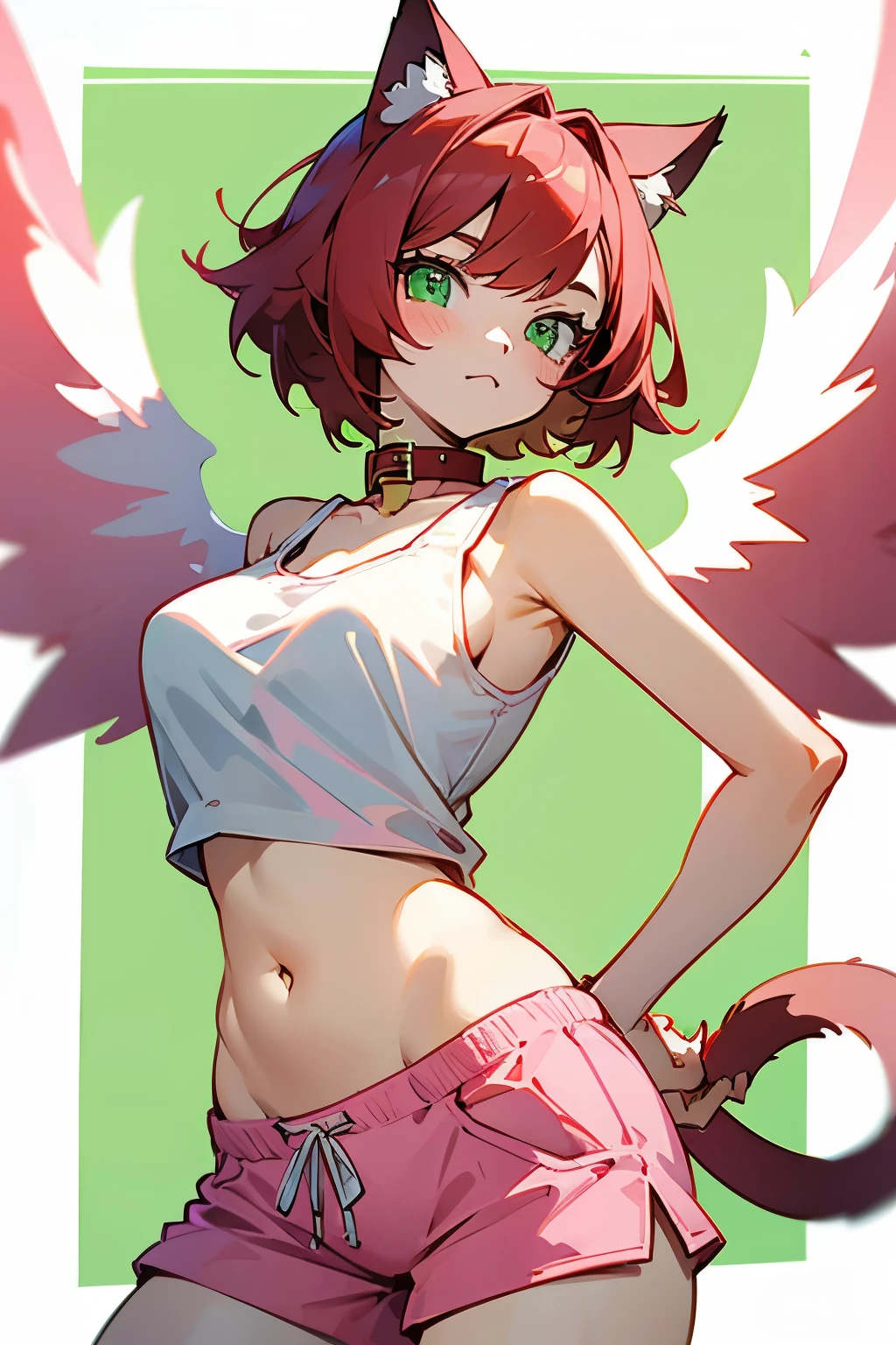 Girl, short red hair, green eyes, cat ears, cat collar, cat tail, Wings, Pink shorts, Round breasts, short white tank top, Exposed belly, big breasts، horns