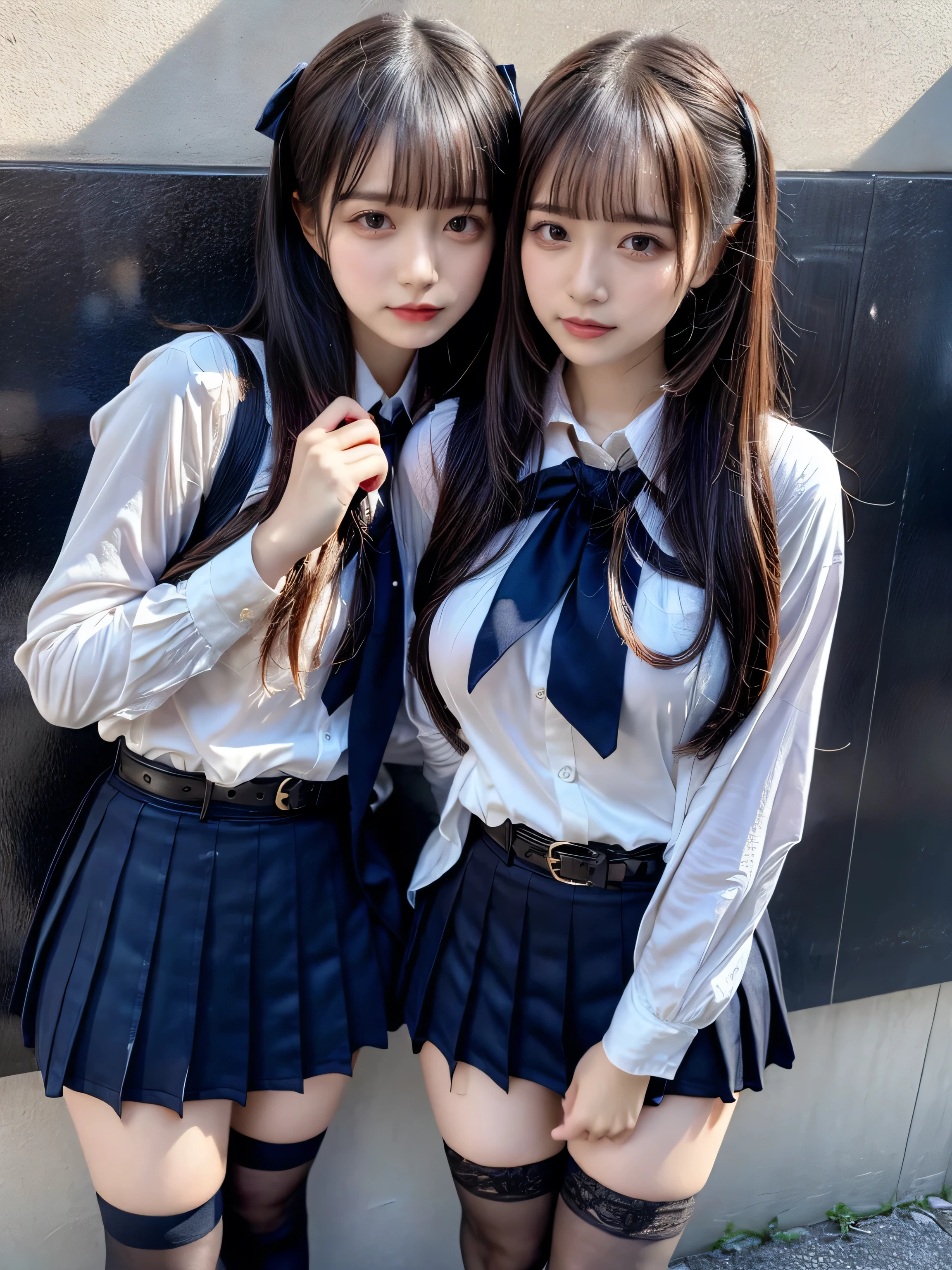(8K, Raw photography, top-quality, masterpiece:1.2), muster piece, best quality, illustration, Super detailed, fine details, High resolution, 8K,wall paper, perfect dynamic composition,(Details High quality, realistic depiction of eyes:1.3), ((2 girls, 2 schoolgirls)), The background is a luxury hotel room、High school girl uniform、blazer 、Super Short Check Uniform Skirt、Navy blue high socks、garterbelts、Colossal tits、Disturbed uniform, Play with each other,Touching each other's bodies,Touching the body of the girl next door, short bob hair, black hair color, huge breasts, Big Natural Color Lip, bold sexy pose, (perfect body shape), crying a little、cold gaze, Beautiful makeup,glitter makeup,Cutest 18 years old、 beautiful legs, hposing Gravure Idol, Voluptuous thighs