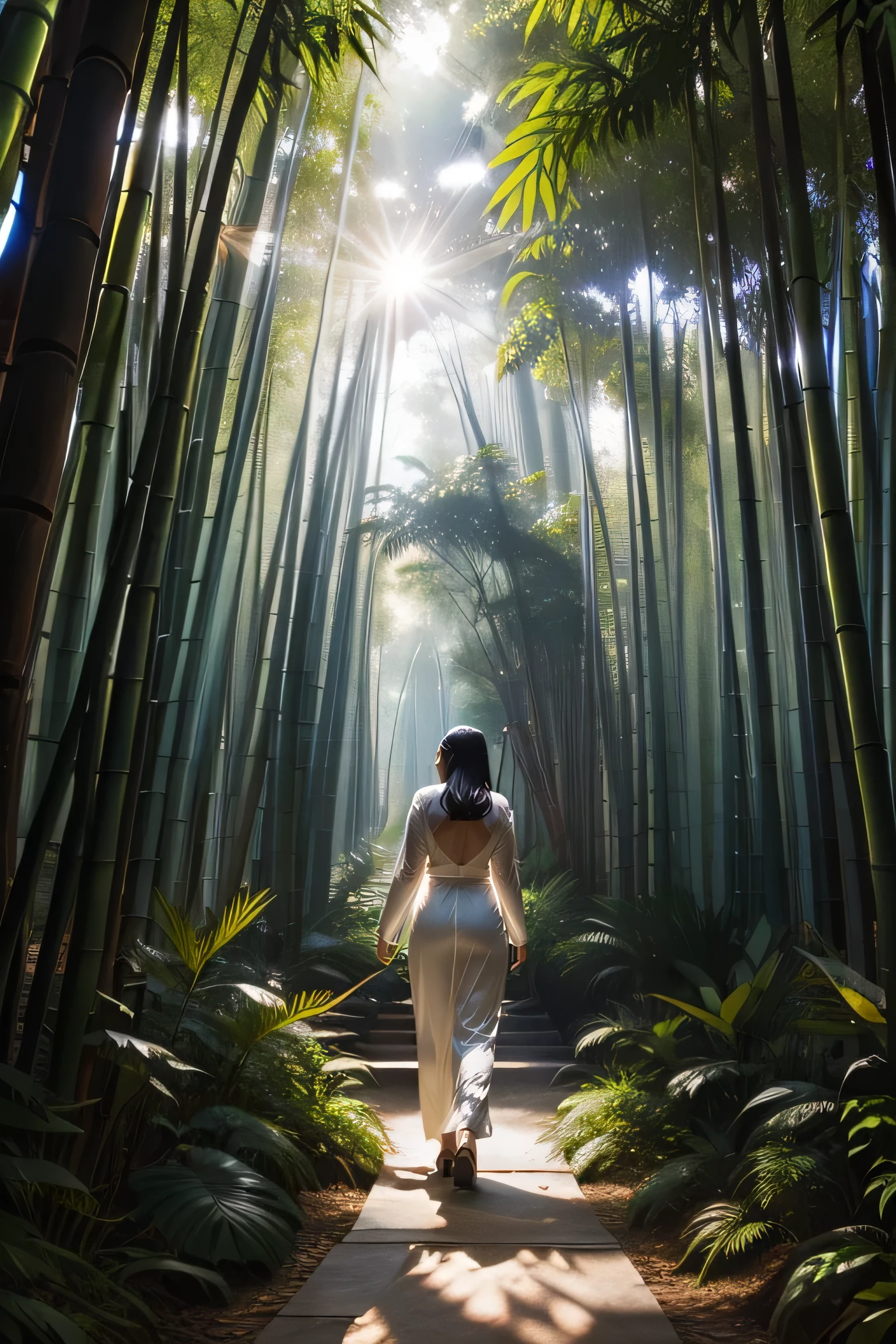 A beautiful woman is walking through a bamboo forest, Bask in the warm sunlight filtering through a canopy of tall bamboo leaves. The sunlight reflected dappled patterns on her white skin.。 A woman's long golden curly hair cascading down her shoulders, Highlighting her delicate features、Enhance your radiant smile, She is wearing a simple but elegant sundress., The hem flutters gently in the breeze, In her hands, She is carrying a bouquet of wildflowers that she picked from a nearby garden., (Full body portrait:1.4),