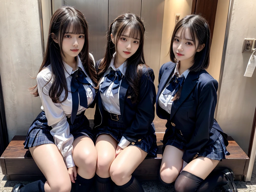(8K, Raw photography, top-quality, masterpiece:1.2), master piece, best quality, illustration, Super detailed, fine details, High resolution, 8K,wall paper, perfect dynamic composition,(Details High quality, realistic depiction of eyes:1.3), ((2 girls, 2 schoolgirls)), The background is a luxury hotel room、High school girl uniform、blazer 、Super Short Check Uniform Skirt、Navy blue high socks、garterbelts、Colossal tits、Disturbed uniform, Play with each other,Touching each other's bodies,Touching the body of the girl next door, short bob hair, black hair color, huge breasts, Big Natural Color Lip, bold sexy pose, (perfect body shape), crying a little、cold gaze, Beautiful makeup,glitter makeup,Cutest 18 years old, beautiful legs, hposing Gravure Idol, Voluptuous thighs