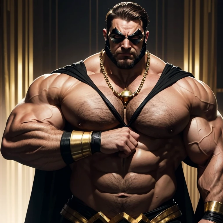 Dressed as the masked superhero “Mental Mind”, wearing a full head mask. a very handsome, sweet and truly massive monster Caucasian bodybuilder is showing off his huge bicep muscles and meaty thighs. Intense 40 year old man. brown hair, powerfully muscled, massive shoulders and biceps. well-defined six pack. Thick gold necklace, cape.