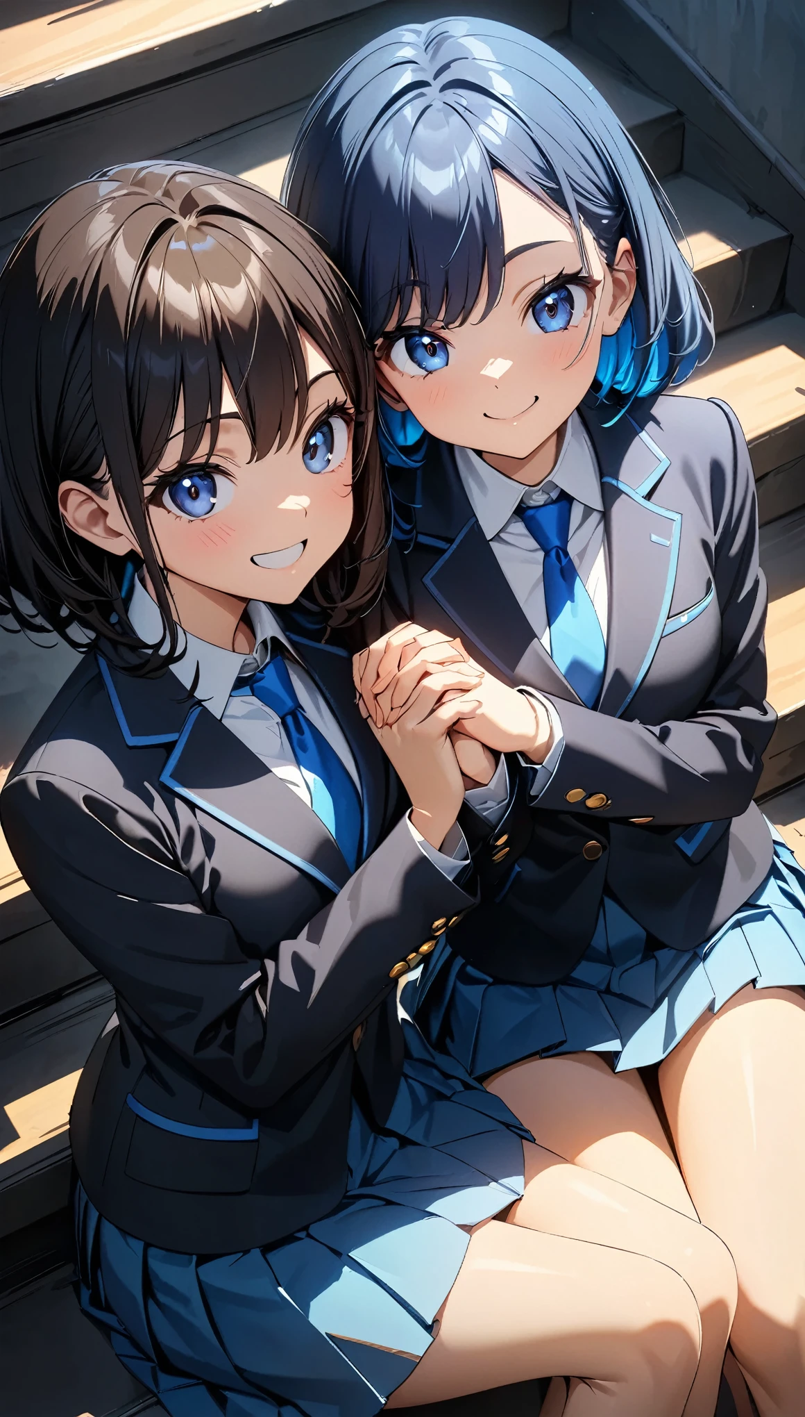 (highest quality:1.2, 4k, 8k, Studio Anime, Very detailed, Latest, Vibrant, High Detail, High Contrast, masterpiece:1.2, highest quality, Best aesthetics), (((2 girls))), Sitting side by side, , blazer, Blue tie, Pleated skirt, Sitting on the stairs, smile, Cheek to cheek, Cute Girls, Holding hands, Friendly atmosphere, Fun and young々Cool atmosphere, Precision and focus, Striking contrast,
