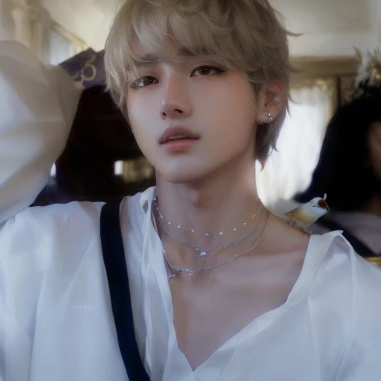 Araffado boy in a white shirt and a white bird on his shoulder,,\'s grecian nose, cai xukun,\his right eyelid is swollen, delicate androgynous prince, Jimin\los labios carnosos, inspirado en Bian Shoumin, accurate  face, jungkook, beautiful androgynous prince, park Kim Taehyung from BTS