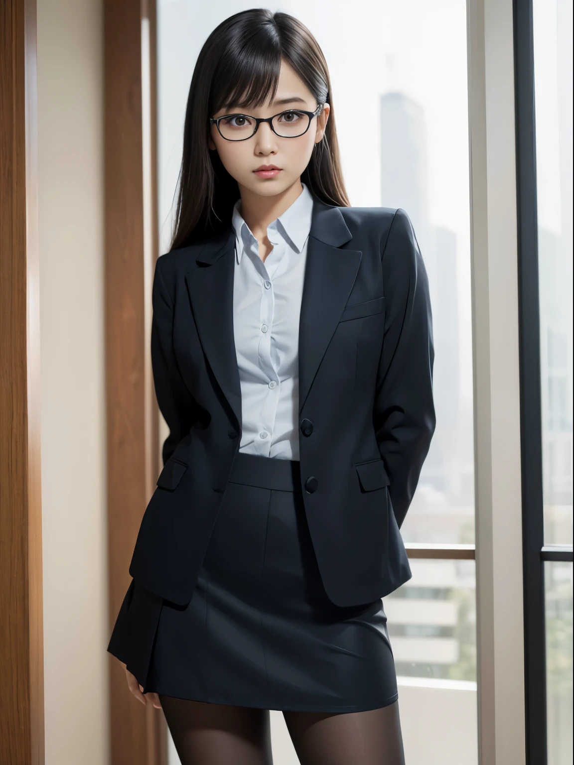 alone、solo、OL in her 20s in office uniform posing for a photo、(Black Pantyhose)、(Half Up),victory、Tsundere、Single knot、OL、suit、blue mini skirt、anger、small、Glasses、slim girl model photo、physical:the smallest middle-aged man in history、female model、Japanese female fashion model、(8k、RAW photo、highest quality、masterpiece:1.2)、(real、photorealistic:1.37)、Super detailed、Ultra high definition、office Street、 standing position、whole body、((((SEXY)))