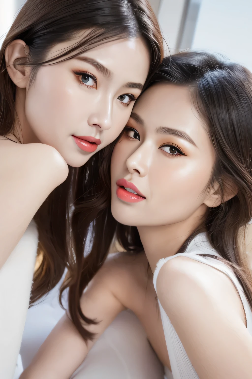 Group photo，fashion model，Two girls， [[[[close up]]]], [[[[neck]]]], [[[[Shoulder]]]], Perfect eyes, Perfect iris，Perfect lips，Perfect Teeth，Perfect skin，White skin，Soft headlights，High-density imaging，（The face is clear and delicate），best quality，masterpiece，（Soft colors：1.2