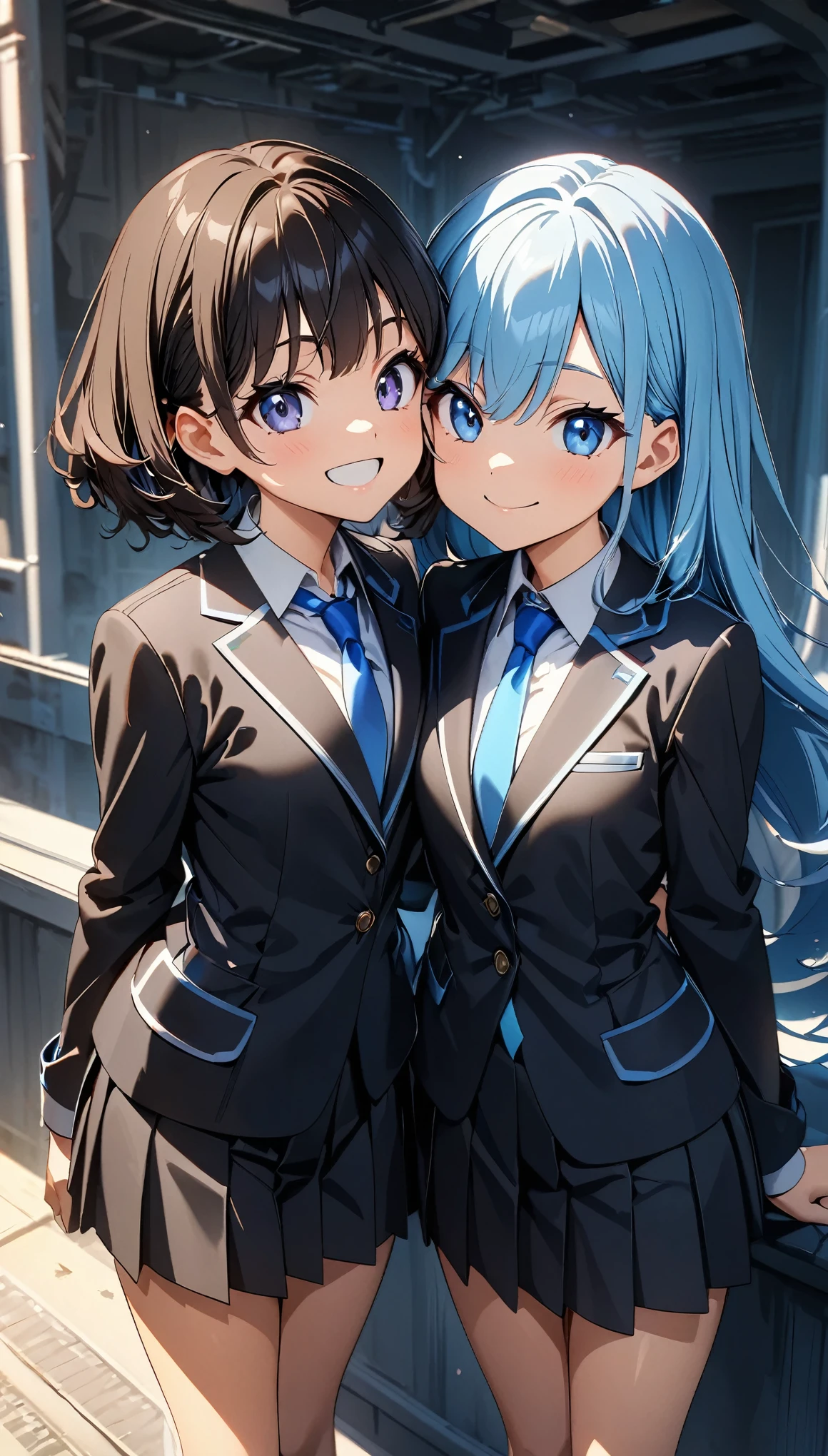 (highest quality:1.2, 4k, 8k, Studio Anime, Very detailed, Latest, Vibrant, High Detail, High Contrast, masterpiece:1.2, highest quality, Best aesthetics), (((2 girls))), Sitting side by side, , blazer, Blue tie, Pleated skirt, Standing side by side, smile, Cheek to cheek, Cute Girls, Holding hands, Friendly atmosphere, Fun and young々Cool atmosphere, Precision and focus, Striking contrast,
