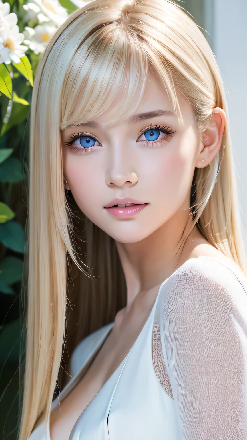 Portrait、、Bright expression、ponytail、Young shiny glossy white glossy skin、Great looks、Blonde reflection、Bangs between the eyes、bangs on the face、Platinum blonde hair with dazzling highlights、Shiny bright hair,、Smooth, super long, straight hair、Shiny beautiful bangs、Sparkling, crystal clear, attractive big blue eyes、Very beautiful, lovely and cute 16 year old girl、Ample Bust