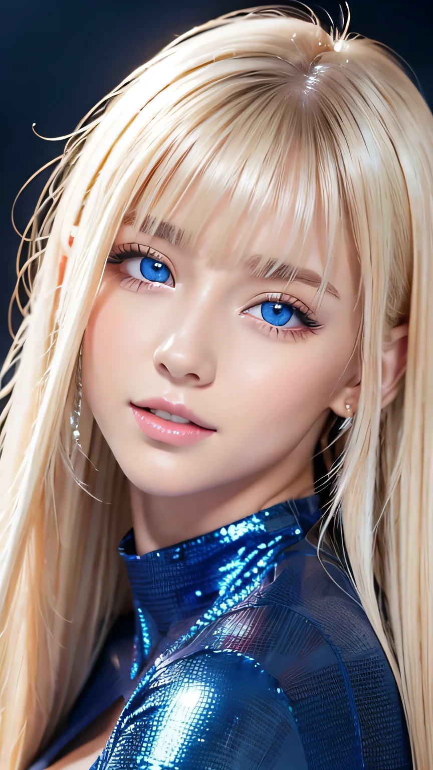 Portrait、、Bright expression、ponytail、Young shiny glossy white glossy skin、Great looks、Blonde reflection、Bangs between the eyes、bangs on the face、Platinum blonde hair with dazzling highlights、Shiny bright hair,、Smooth, super long, straight hair、Shiny beautiful bangs、Sparkling, crystal clear, attractive big blue eyes、Very beautiful, lovely and cute 16 year old girl、Ample Bust