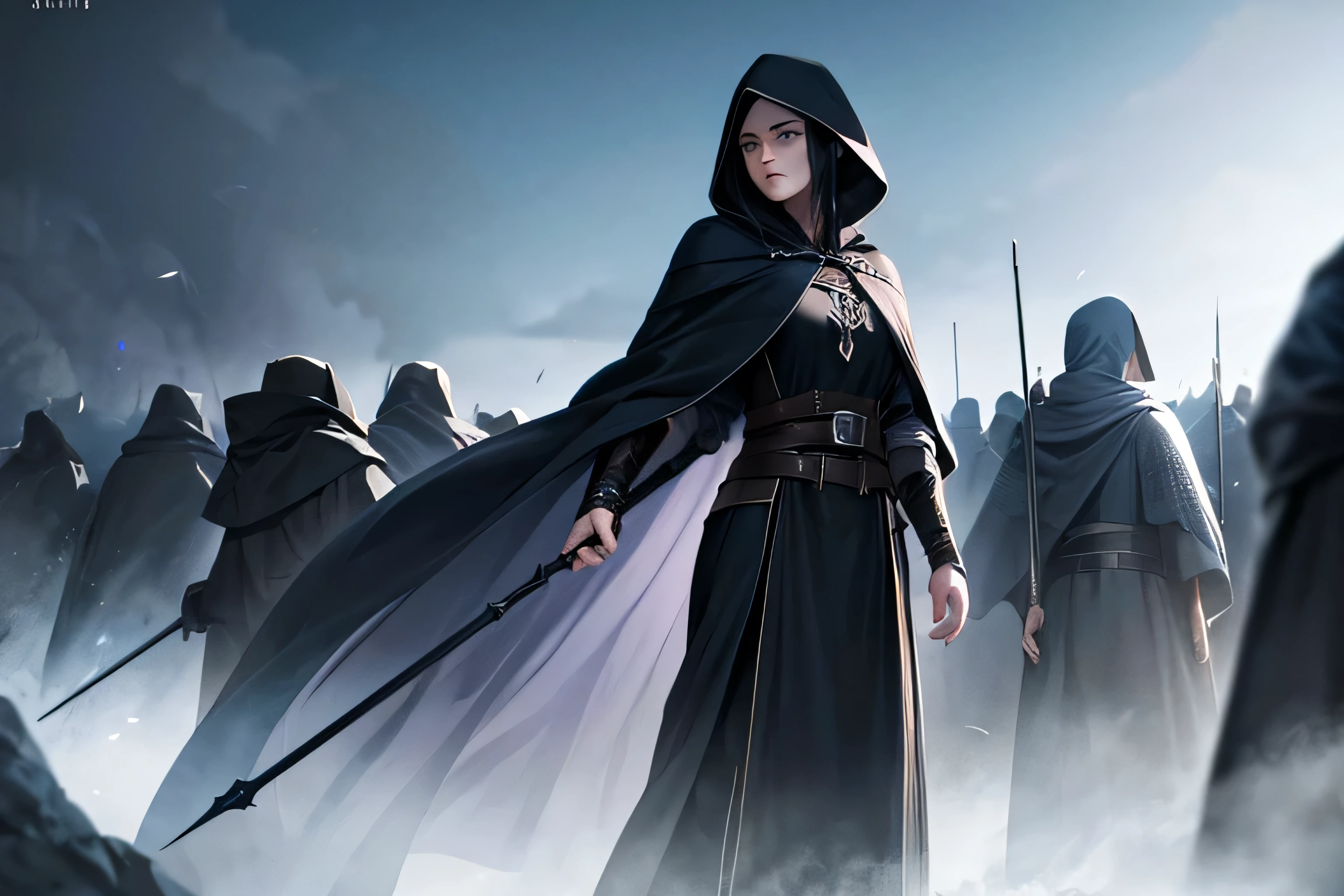 mages, imperial mages, black robe, hood on, casting spells, part of an army, in the battlefield, not alone, black hair, extremely detailed, cinematic lighting, fantasy, epic, dramatic, powerful, magical, hyper realistic, award winning illustration, 8k, high quality
