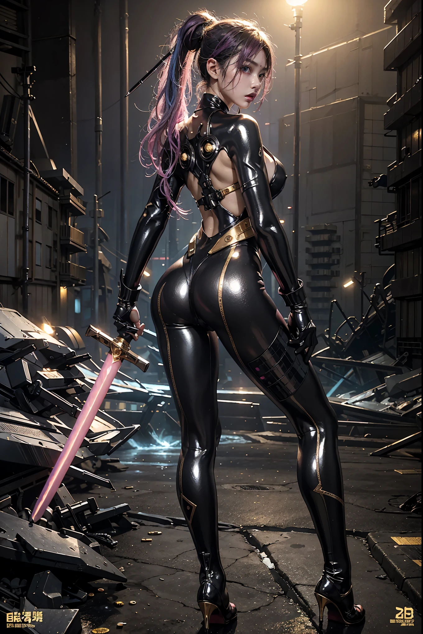 highest quality、surreal、perfect anatomy、Wet and shiny white skin、model body shape、Sweat dripping all over the body、Super small face、Ahegao、Cyberpunk City、Black urban techwear、Pink, silver and gold hair、Black micro bikini、Neon lights、tattoo、Japanese sword、Rubber Suit、