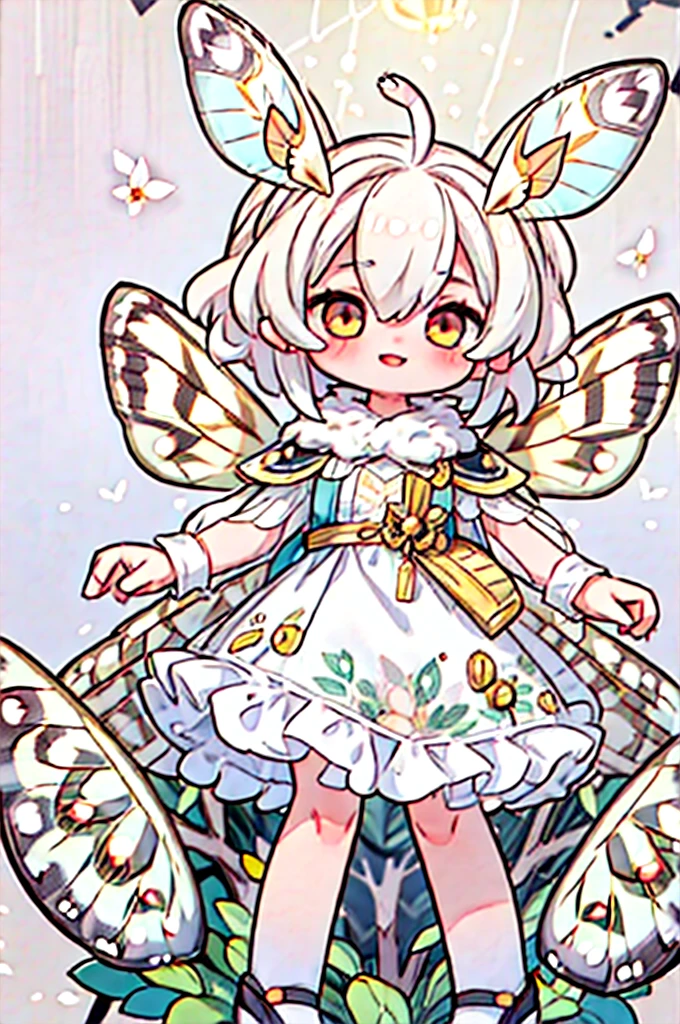 Solitary,1 female\(Lovely,Kawaii,child,Skin color: white,Short white hair,(Big moth wing hair:1.7),White Dress\(The Beautiful Game\),(2 moth antennae on hair:1.8),Smile,[Moths have wings on their backs:2.0],[Moths have wings:2.0],[Moth wings:2.0],[Extra Arm],Moth wings only in the hair,Chest,Dynamic poses\),background\(Soft dappled sunlight,Beautiful forest,dark,\), rest ,quality\(8K,Extremely detailed CG unit wallpaper, masterpiece,High resolution,top-quality,top-quality real texture skin,Surrealism,Improve resolution,RAW photos,Best quality,Very detailed,wallpaper,movie lighting,Ray Tracing,Golden Ratio,\),whole body