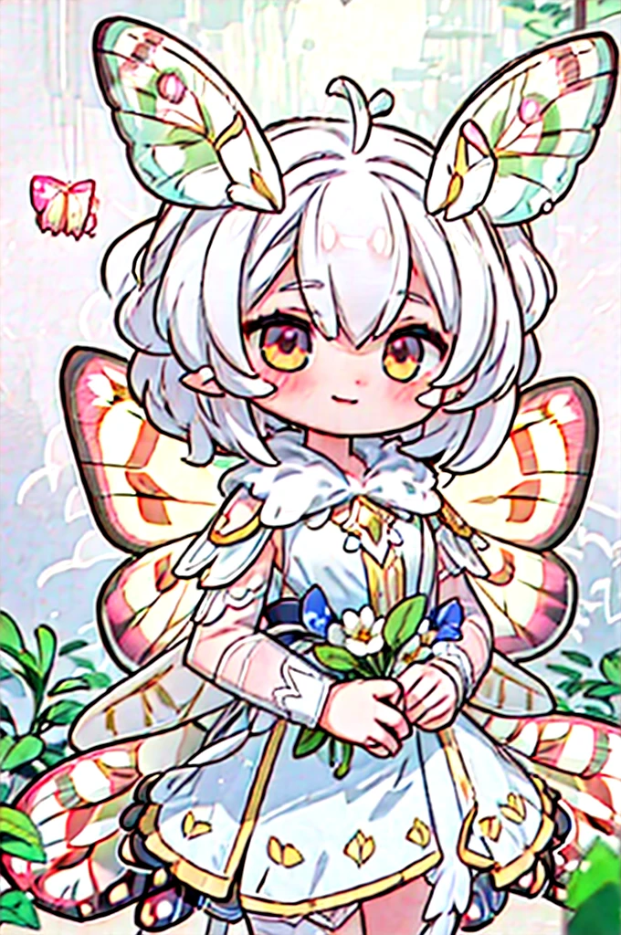 Solitary,1 female\(Lovely,Kawaii,,Skin color: white,Short white hair,(Big moth wing hair:1.7),White Dress\(The Beautiful Game\),(2 moth antennae on hair:1.8),Smile,[Moths have wings on their backs:2.0],[Moths have wings:2.0],[Moth wings:2.0],[Extra Arm],Moth wings only in the hair,Chest,Dynamic poses\),background\(Soft dappled sunlight,Beautiful forest,dark,\), rest ,quality\(8K,Extremely detailed CG unit wallpaper, masterpiece,High resolution,top-quality,top-quality real texture skin,Surrealism,Improve resolution,RAW photos,Best quality,Very detailed,wallpaper,movie lighting,Ray Tracing,Golden Ratio,\),whole body