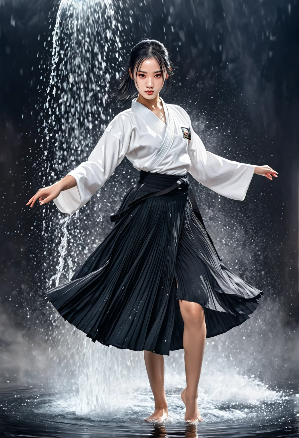 (Masterpiece:1.1),Best picture quality,HD wallpaper 8K,Beautiful and elegant single woman,The round skirt moves gracefully.,sparkling eyes,The best details,(float:1.2, Take photos with dynamic gradient angles.):(1 girl),High-quality drawings,black hair,white martial arts uniform,(dripping water:1.1),(Smoke clouds:0.9), watercolor effect.