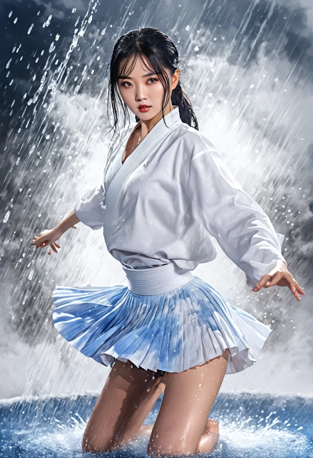 (Masterpiece:1.1)，Best picture quality，HD wallpaper 8K，Beautiful and elegant single woman，The round skirt moves gracefully.，sparkling eyes，The best details，(float:1.2, Take photos with dynamic gradient angles.):(1 girl)，High-quality drawings，black hair，white martial arts uniform，(dripping water:1.1),(Smoke clouds:0.9), watercolor effect.