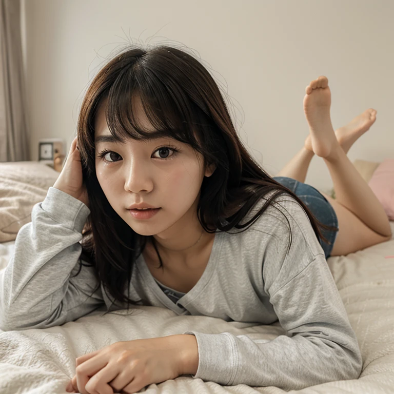 Korean girl laying on the bed with comfy clothes