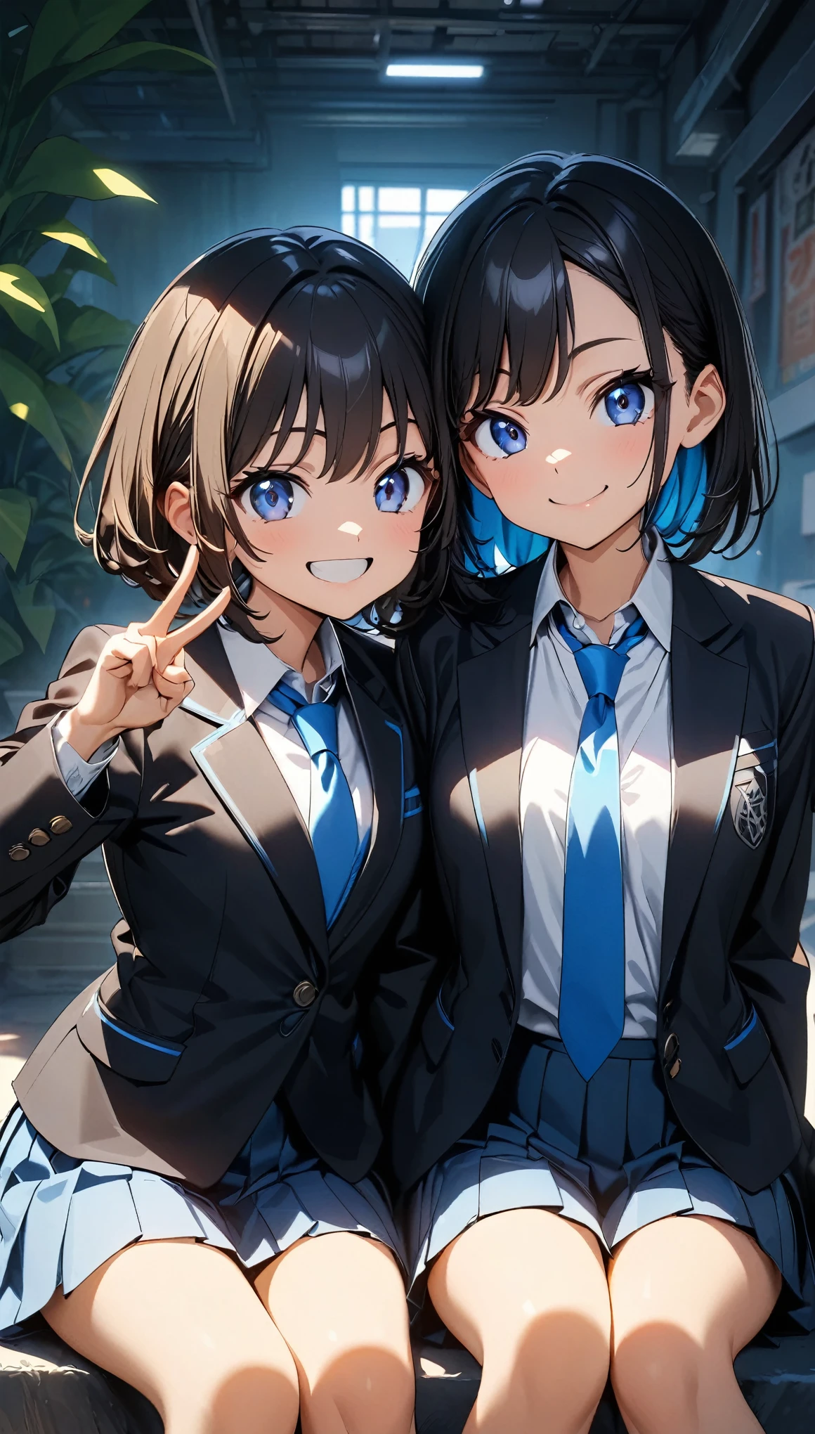 (highest quality:1.2, 4k, 8k, Studio Anime, Very detailed, Latest, Vibrant, High Detail, High Contrast, masterpiece:1.2, highest quality, Best aesthetics), (((2 girls))), Sitting side by side, , blazer, Blue tie, Pleated skirt, Standing side by side, smile, Cheek to cheek, Cute Girls, V-sign with your finger, Friendly atmosphere, Fun and young々Cool atmosphere, Precision and focus, Striking contrast,