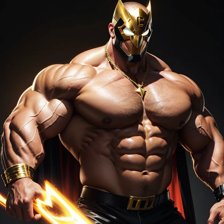 Dressed as the masked superhero “Mental Mind”, wearing a full head mask. a very handsome, sweet and truly massive monster Caucasian bodybuilder is showing off his huge bicep muscles and meaty thighs. Intense 40 year old man. brown hair, powerfully muscled, massive shoulders and biceps. well-defined six pack. Thick gold necklace, cape. Eyes glowing bright ble with psychic energy