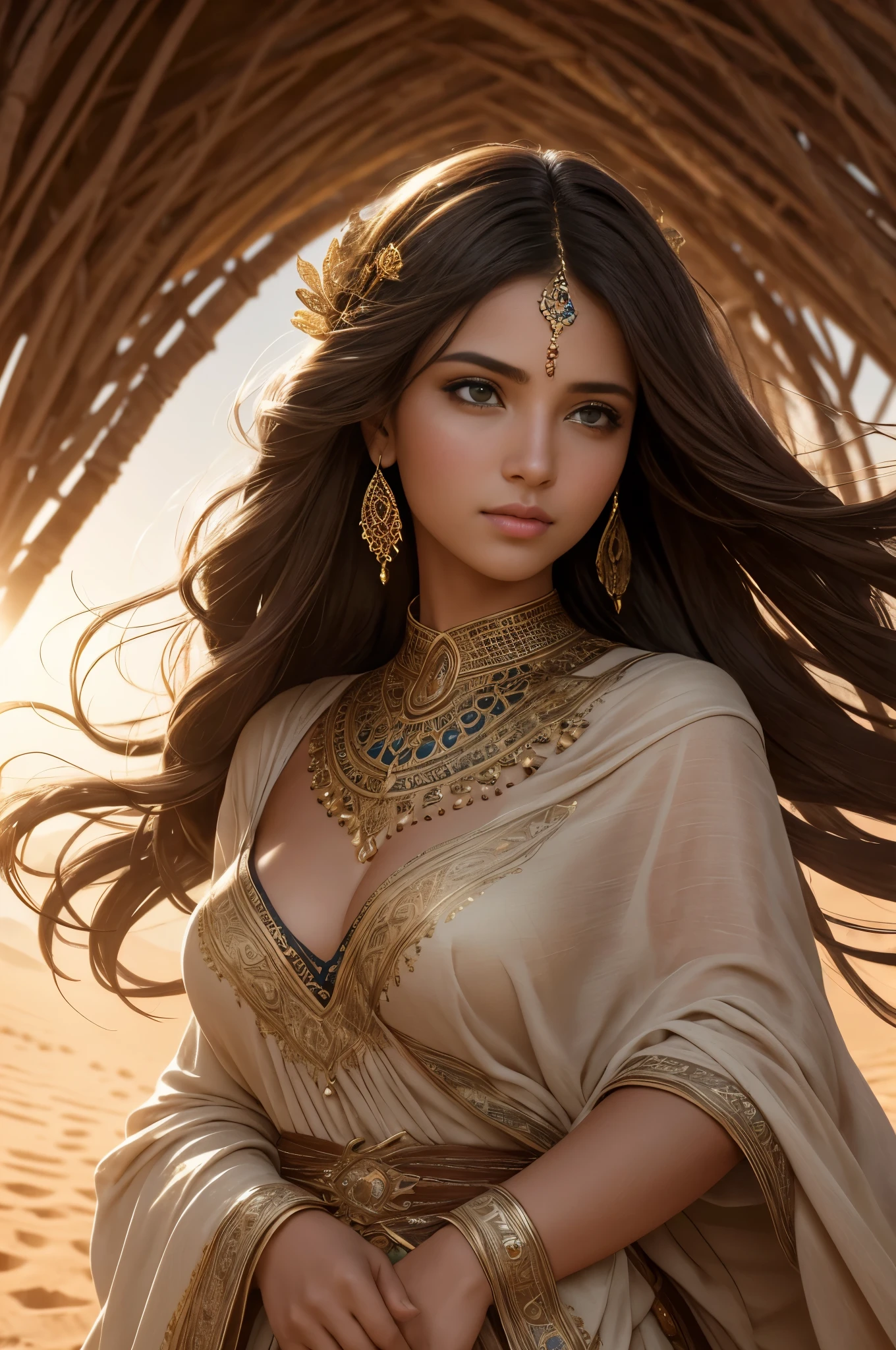 Masterpice, high quality 4k resolution, Elegant and charming image, Powerful and mysterious Arab woman,brown hair, amazing black eyes, Her flowing hair fluttered in the flowing desert breeze. She wields a gorgeous bow, Decorated with intricate decorations and ornate designs. sunrays casting long shadows, Highlight the delicate beauty of women,Evoke a sense of mystery and connection. The shallow depth of field isolates women from the desert environment, Emphasize the strong connection between the two. Shallow depth of field, Soft lighting, portrait lens