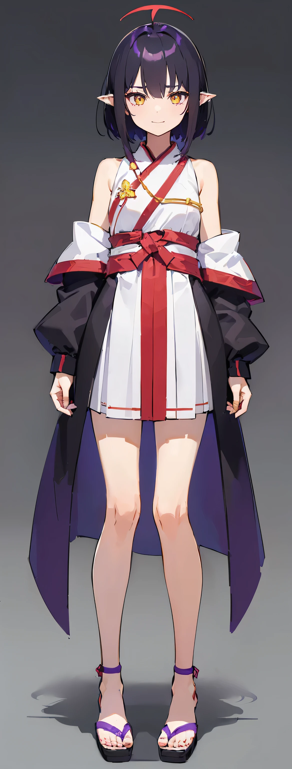 ((8K resolution))、((highest quality))、((masterpiece))、((Very detailed))((((dramatic))), (Anatomically correct)、(Simple Gray Background)、The depth of the object being written、Looking at the camera、one person、One person girl、front、whole body、shoes、Stand straight、upright、Arms at side、(whole body, straight, upright,Wearing zori shoes)、(Purple glowing black hair、Short hair to the shoulders, Hair between the eyes, Ahoge)、Yellow Eyes、(pointed ears)、(Shrine maidenの服)、long nails of red color、Short/ smile 、Shrine maiden、Mid-chest、Shrine maidenの服、Wearing sandals、(Simple white background)