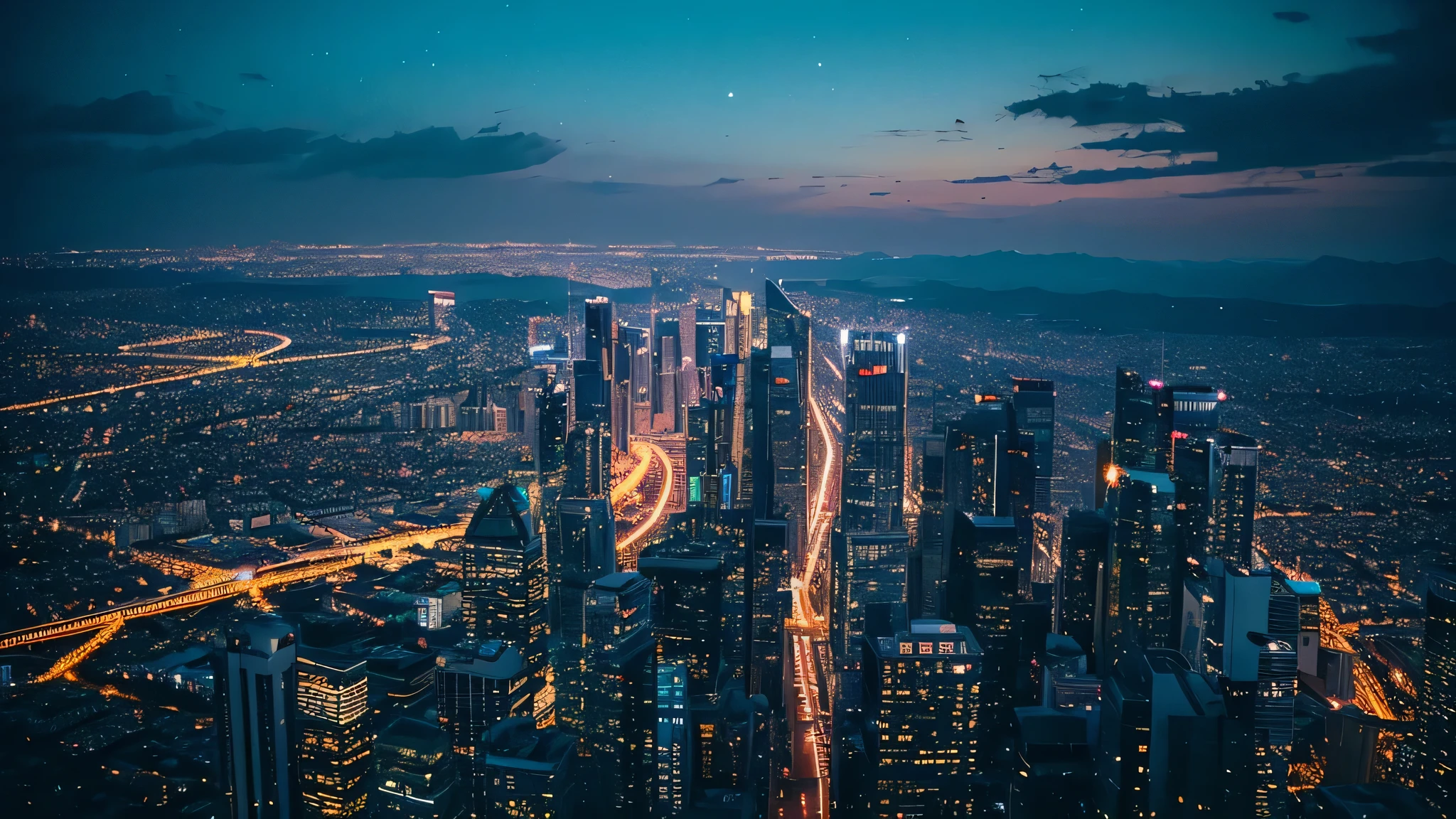 Generate an image depicting city lights bursting across the night sky。Skyscrapers and street lights sparkle、The night sky is studded with stars。