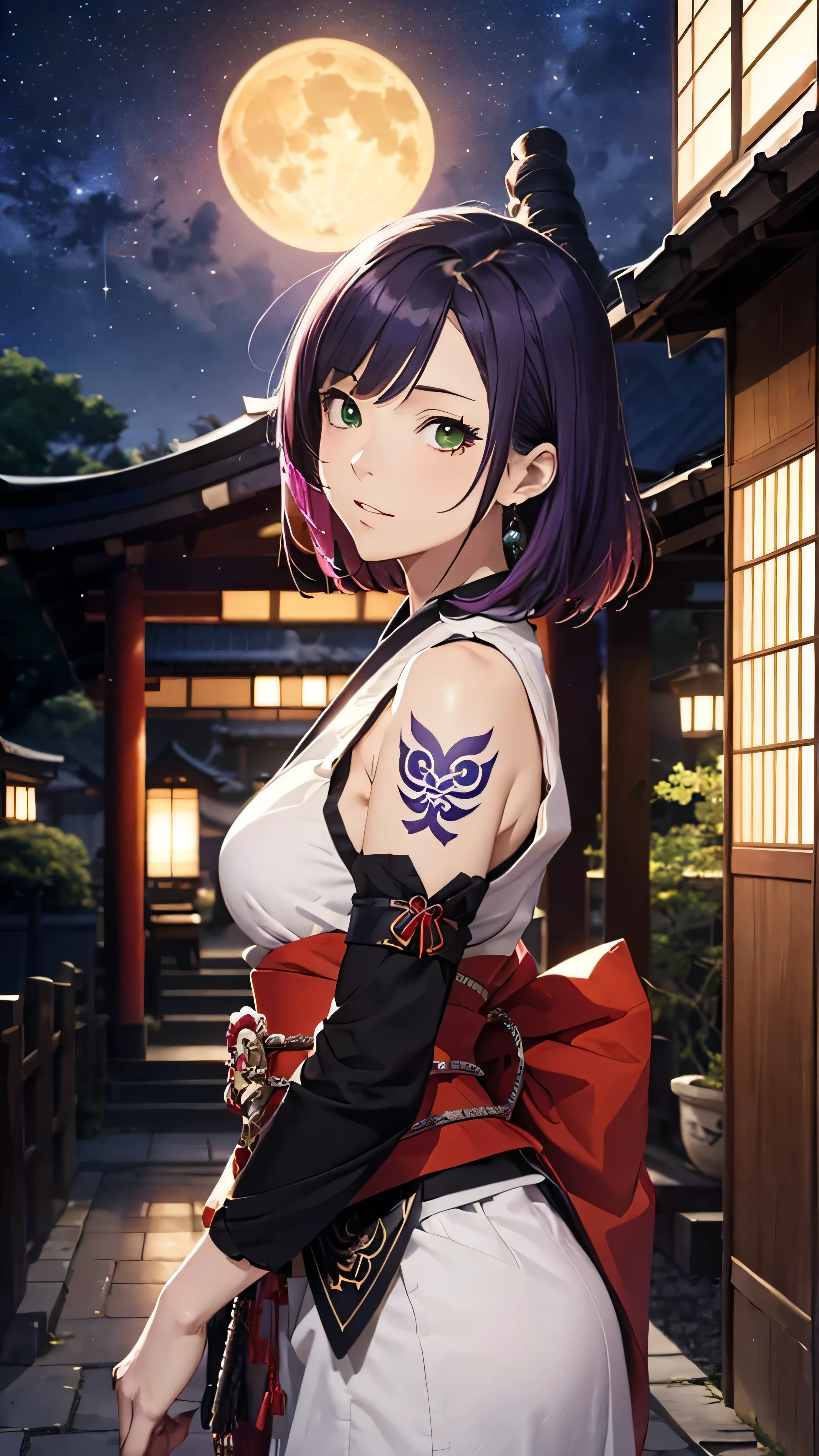 (masutepiece, of the highest quality, Best Quality, Official art, Beautiful and aesthetic:1.2), Extremely detailed,(Colorful:1.1),highest details, one arafed woman with purple hair and green eyes, japanese tattoo sleeve on her right arm, samurai armor, sfw, japanese temple, night, blue moon