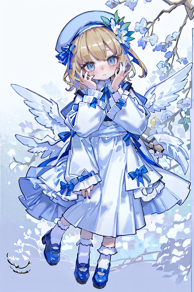 Uecla, 1girl in, Blonde hair, White background, hat, Dress, blue footwear, Wings, Simple background, signature, flower, nail polish, Wide sleeves, Long sleeves, blush, animal, white blossoms, Solo, Full body, Bird, Looking at Viewer, high-heels, hands on own cheeks, hand on own face, frilld, Bow, Bangs, bow ribbon, bell, blue headwear, +_+, sox, Short hair, grey  eyes, shoes, Blue Nails, Feathered wings, blue bow