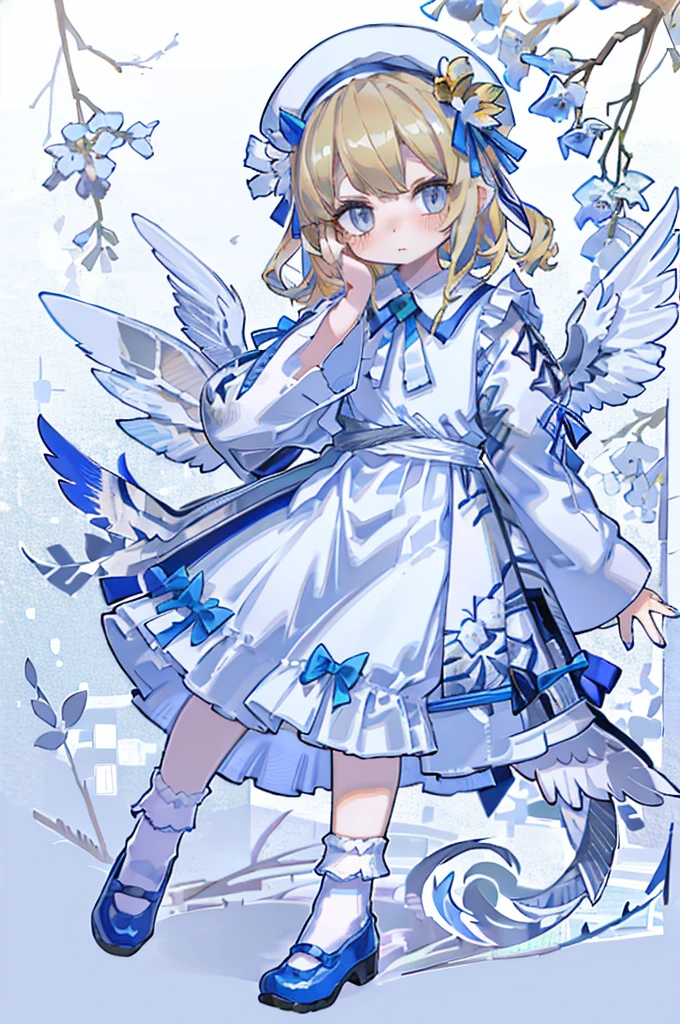 Uecla, 1girl in, Blonde hair, White background, hat, Dress, blue footwear, Wings, Simple background, signature, flower, nail polish, Wide sleeves, Long sleeves, blush, animal, white blossoms, Solo, Full body, Bird, Looking at Viewer, high-heels, hands on own cheeks, hand on own face, frilld, Bow, Bangs, bow ribbon, bell, blue headwear, +_+, sox, Short hair, grey  eyes, shoes, Blue Nails, Feathered wings, blue bow