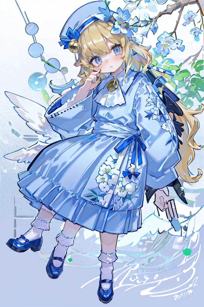 Uecla, 1girl in, Blonde hair, White background, hat, Dress, blue footwear, Wings, Simple background, signature, flower, nail polish, Wide sleeves, Long sleeves, blush, animal, white blossoms, Solo, Full body, Bird, Looking at Viewer, high-heels, hands on own cheeks, hand on own face, frilld, Bow, Bangs, bow ribbon, bell, blue headwear, +_+, sox, Short hair, grey  eyes, shoes, Blue Nails, Feathered wings, blue bow