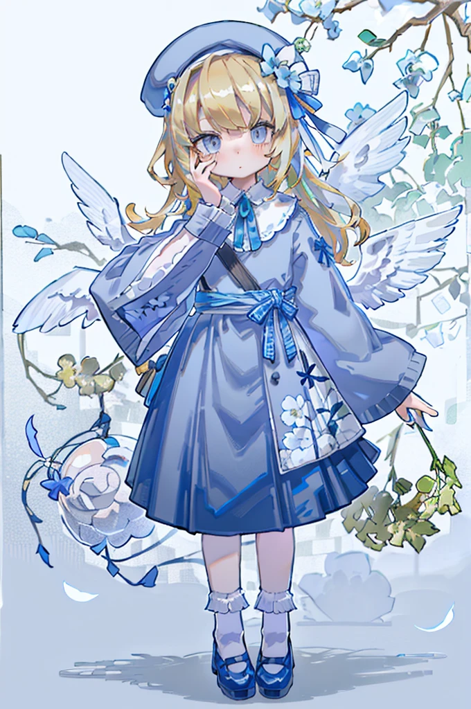 Uecla, 1girl in, Blonde hair, White background, hat, Dress, blue footwear, Wings, Simple background, signature, flower, nail polish, Wide sleeves, Long sleeves, blush, animal, white blossoms, Solo, Full body, Bird, Looking at Viewer, high-heels, hands on own cheeks, hand on own face, frilld, Bow, Bangs, bow ribbon, bell, blue headwear, +_+, sox, Short hair, grey  eyes, shoes, Blue Nails, Feathered wings, blue bow