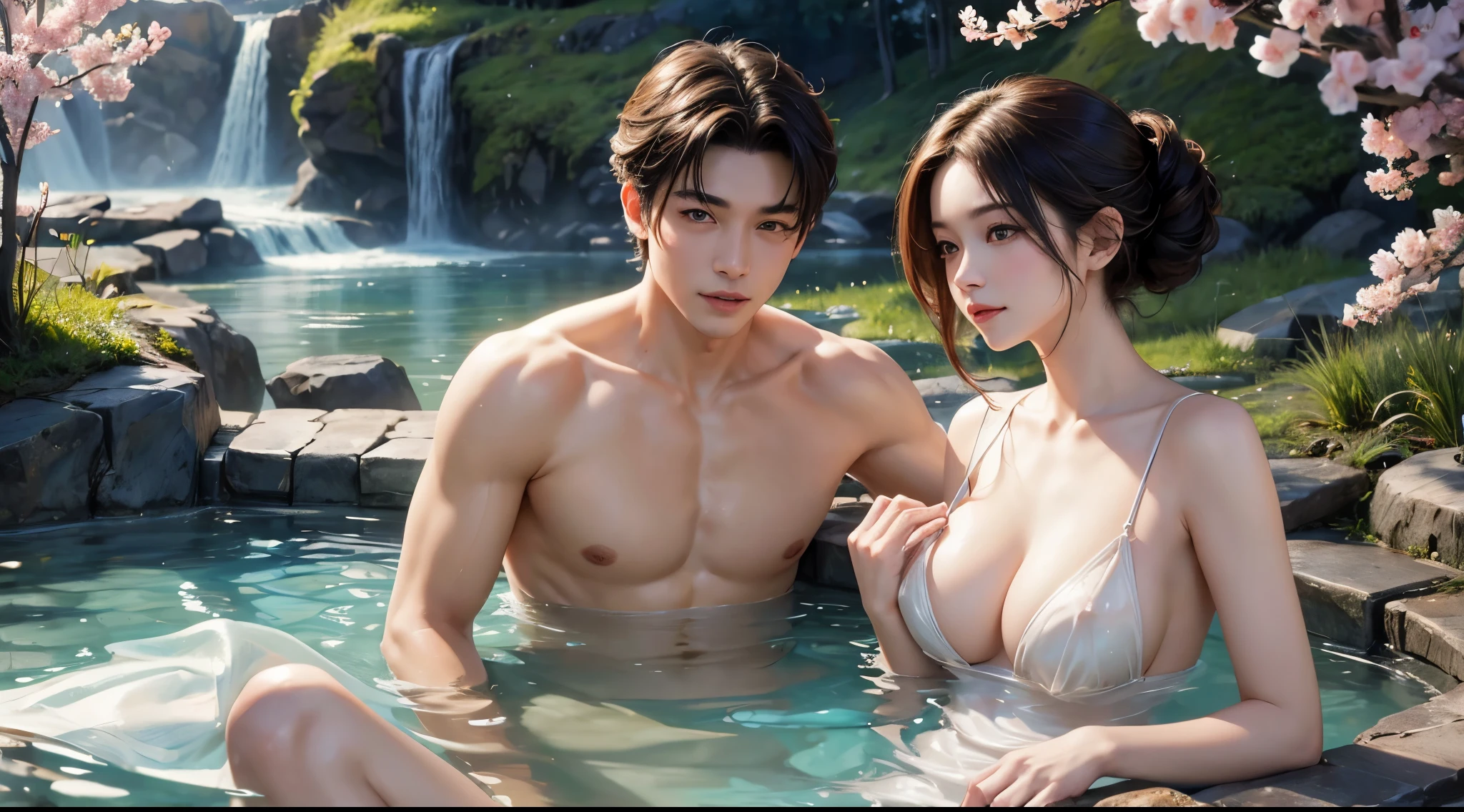 (masterpiece), (best quality), (night), (onsen:1.4), (bathing:1.8), (partially submerged), (bgrab:1.6), (man breasts grab:1.8), (man behind girl:1.2), (upper body:1.5), (girl up) (topless), (bottomless), (nude:1.4), (1girl), (1girl:black hair:1.2), (1girl:long hair), (1girl:huge breasts), (1girl:nude), (1girl:nipples), (1girl:size difference), (1girl:looking at viewer:1.3), (beautiful detailed face), (beautiful detailed eyes), (man), (man:ossan:1.5), (man:fat man:1.2), (man:ugly man:1.2), (man:age difference),