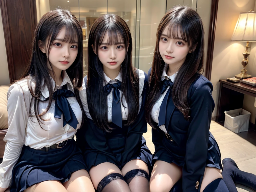 (8K, Raw photography, top-quality, masterpiece:1.2), master piece, best quality, illustration, Super detailed, fine details, High resolution, 8K,wall paper, perfect dynamic composition,(Details High quality, realistic depiction of eyes:1.3), ((2 girls, 2 schoolgirls)), The background is a luxury hotel room、High school girl uniform、blazer 、Super Short Check Uniform Skirt、Navy blue high socks、garterbelts、Colossal tits、Disturbed uniform, Play with each other,Touching each other's bodies,Touching the body of the girl next door, short bob hair, black hair color, huge breasts, Big Natural Color Lip, bold sexy pose, (perfect body shape), crying a little、cold gaze, Beautiful makeup,glitter makeup,Cutest 18 years old, beautiful legs, hposing Gravure Idol, Voluptuous thighs