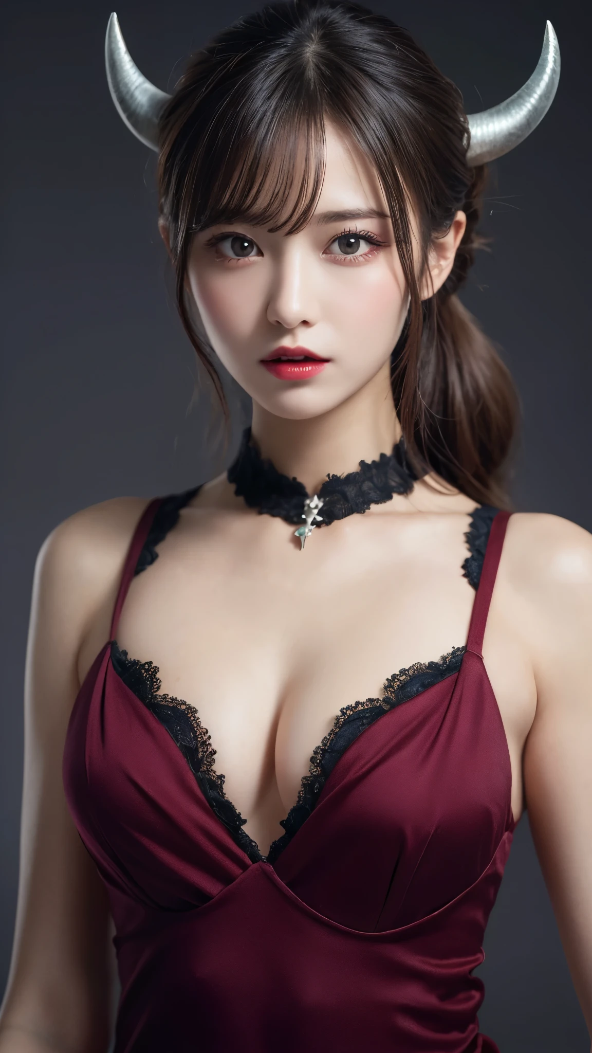 highest quality, shape, Very detailed, In detail, High resolution, 8k wallpaper, Perfect dynamic composition, Beautiful details, dress,Random Hairstyles, Perfect Anatomy,Center of chest, Natural color lip, Random sexy poses,Woman with perfect body,(devil:1.2)