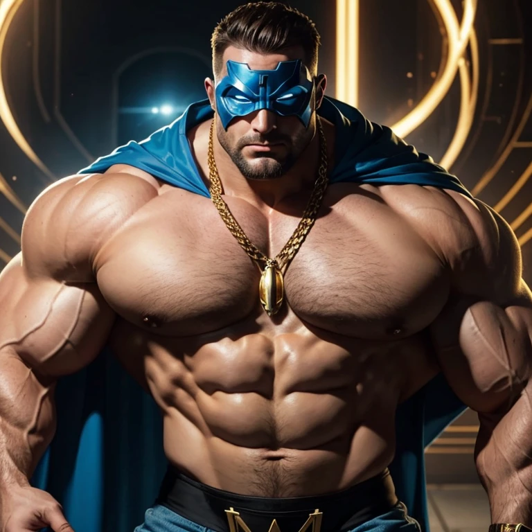 Dressed as the masked superhero “Mental Mind”, wearing a full head mask. a very handsome, sweet and truly massive monster Caucasian bodybuilder is showing off his huge bicep muscles and meaty thighs. Intense 40 year old man. brown hair, powerfully muscled, massive shoulders and biceps. well-defined six pack. Thick gold necklace, cape. Eyes glowing bright blue with psychic energy