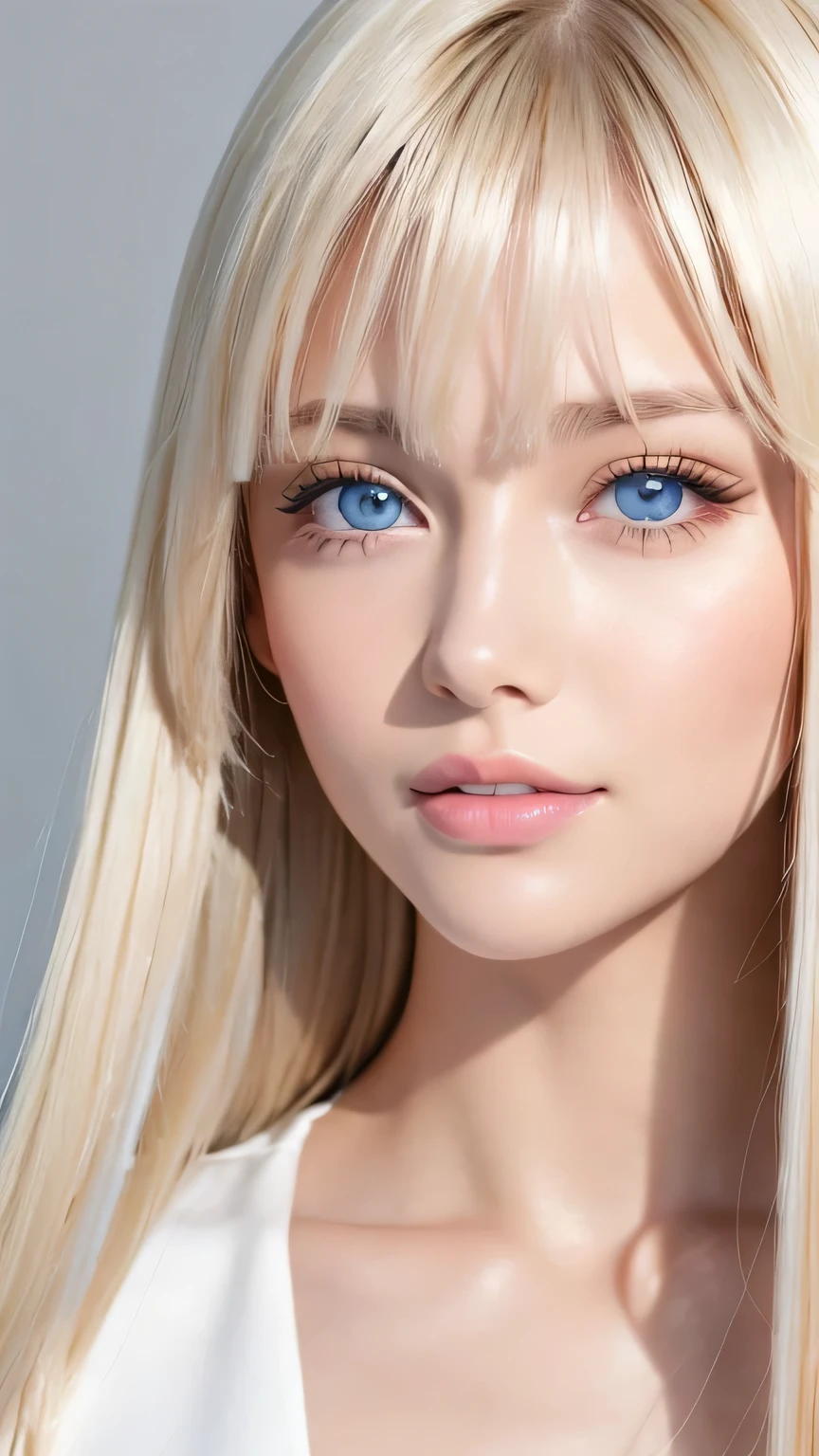 Portrait、、Bright expression、ponytail、Young shiny glossy white glossy skin、Great looks、Blonde reflection、Bangs between the eyes、bangs on the face、Platinum blonde hair with dazzling highlights、Shiny bright hair,、Smooth, super long, straight hair、Shiny beautiful bangs、Sparkling, crystal clear, attractive big blue eyes、Very beautiful, lovely and cute  girl、Ample Bust
