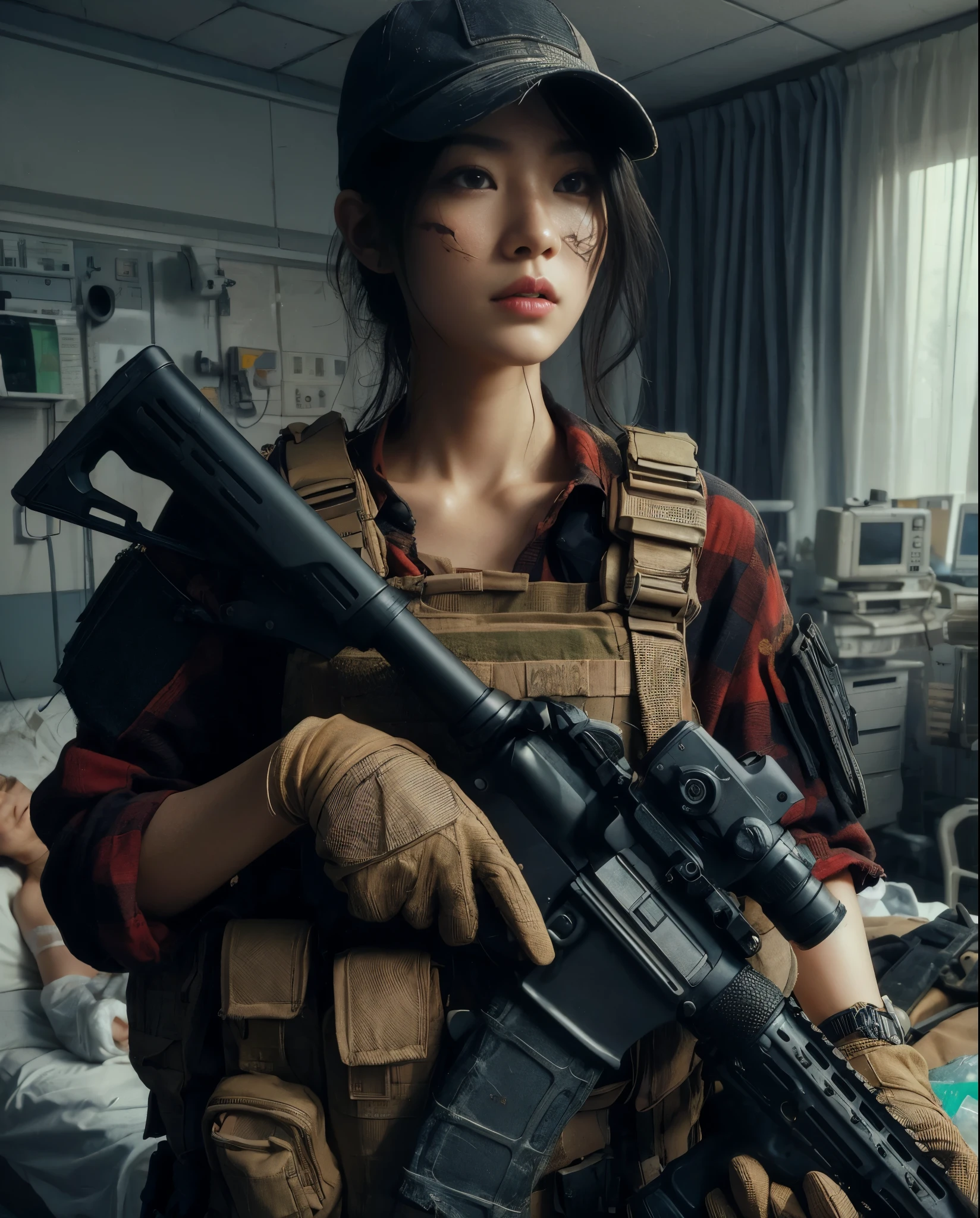 8k,Realistic Skin Texture、Superrealism、Realistic Photo、Japanese Women in the U.S. Army、Scars on face、Bulletproof vest、Automatic rifle、backpack、cap、Heavy equipment、A patient room in an old abandoned hospital in the United States、Scattered medical equipment、The futon has been removed and only the broken bed remains.、Broken window、Torn curtains、There's a hole in the wall from the explosion、Dirty floor、Pursue the enemy while keeping an eye on your surroundings、Dynamic action pose