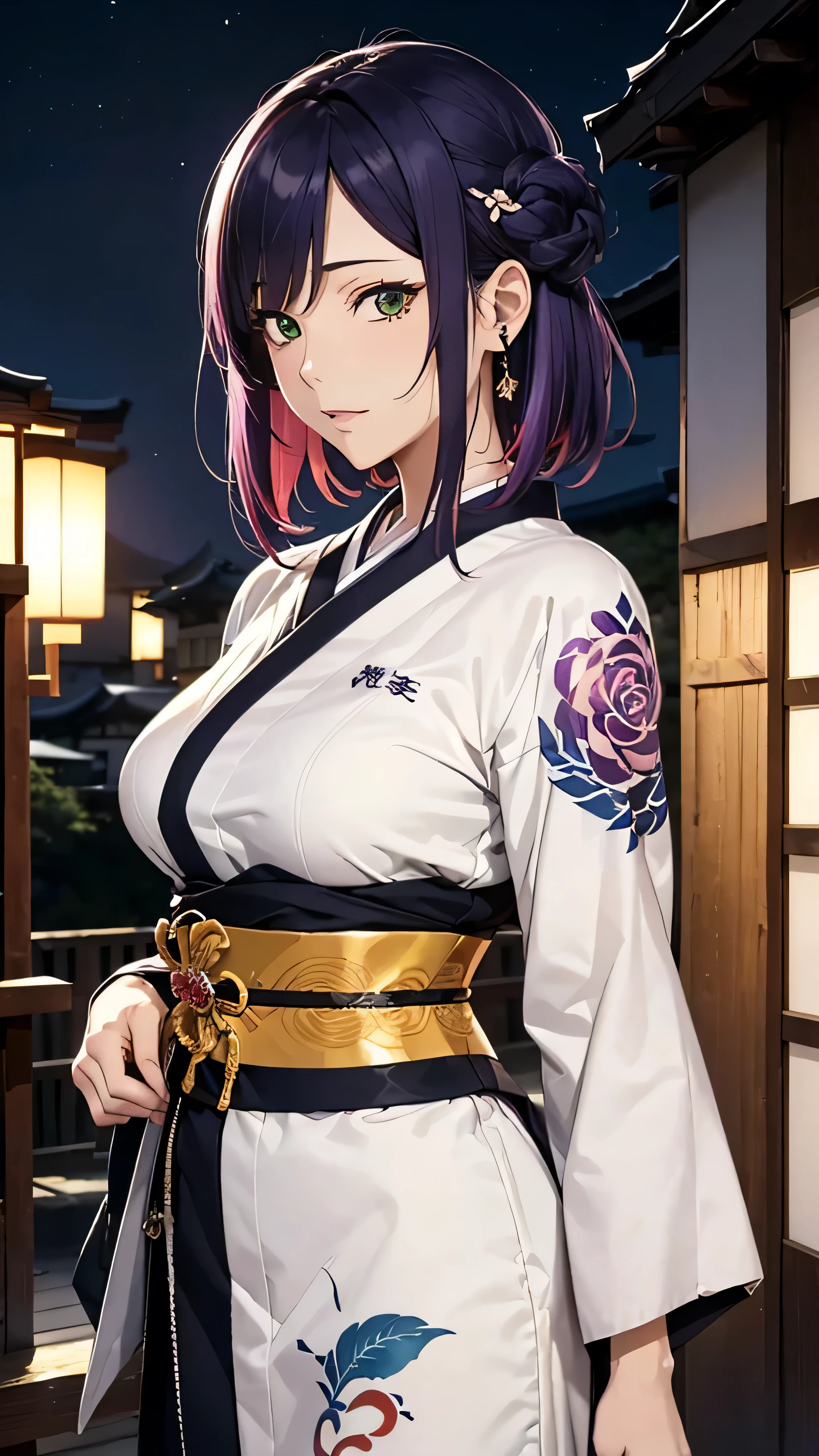 (masutepiece, of the highest quality, Best Quality, Official art, Beautiful and aesthetic:1.2),  Extremely detailed,(Colorful:1.1),highest details, one arafed woman with purple hair and green eyes, japanese tattoo sleeve on her right arm, samurai armor, sfw, japanese temple, night, blue moon