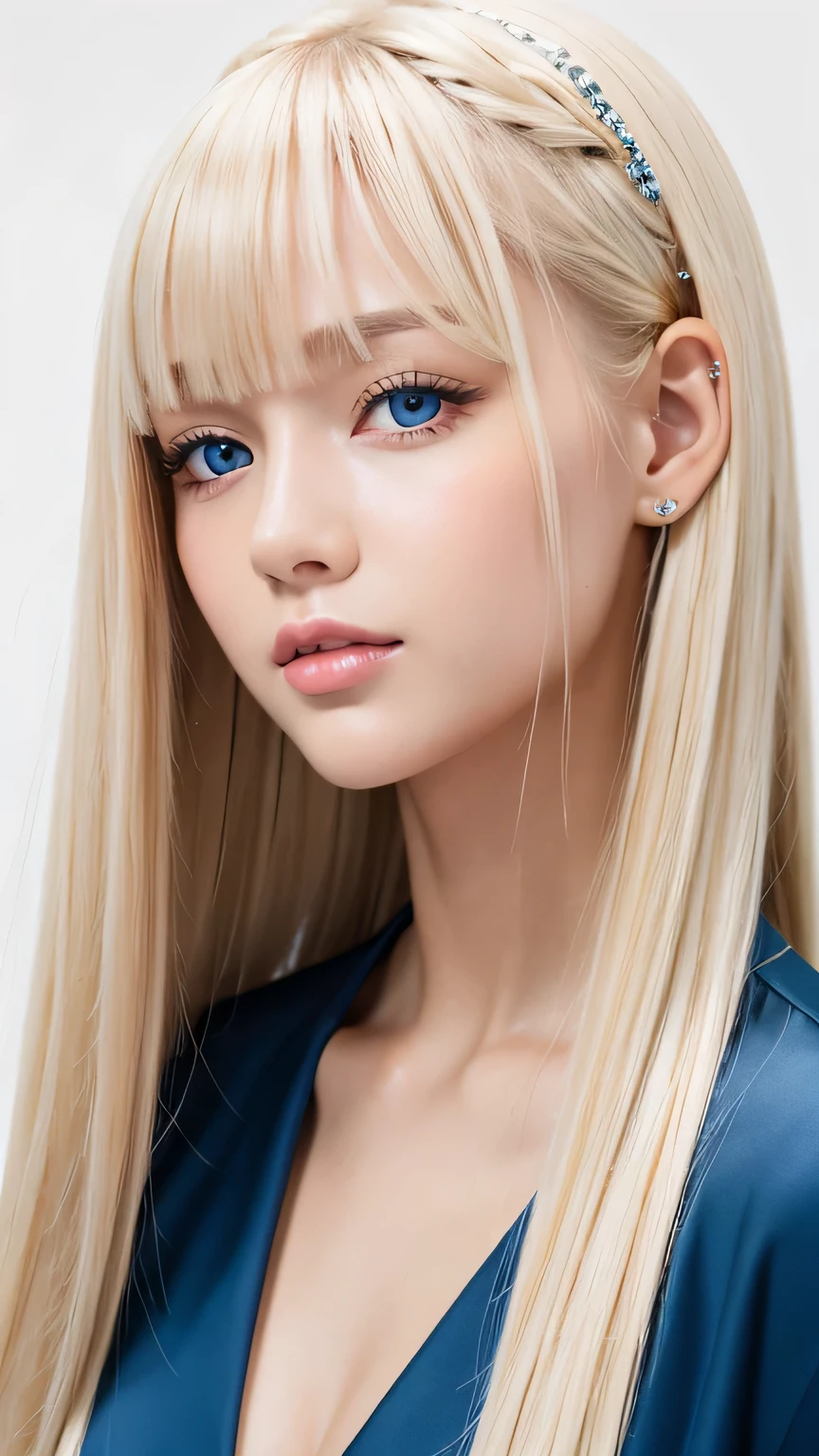 Portrait、、Bright expression、ponytail、Young shiny glossy white glossy skin、Great looks、Blonde reflection、Bangs between the eyes、bangs on the face、Platinum blonde hair with dazzling highlights、Shiny bright hair,、Smooth, super long, straight hair、Shiny beautiful bangs、Sparkling, crystal clear, attractive big blue eyes、Very beautiful, lovely and cute 16 year old girl、Ample Bust