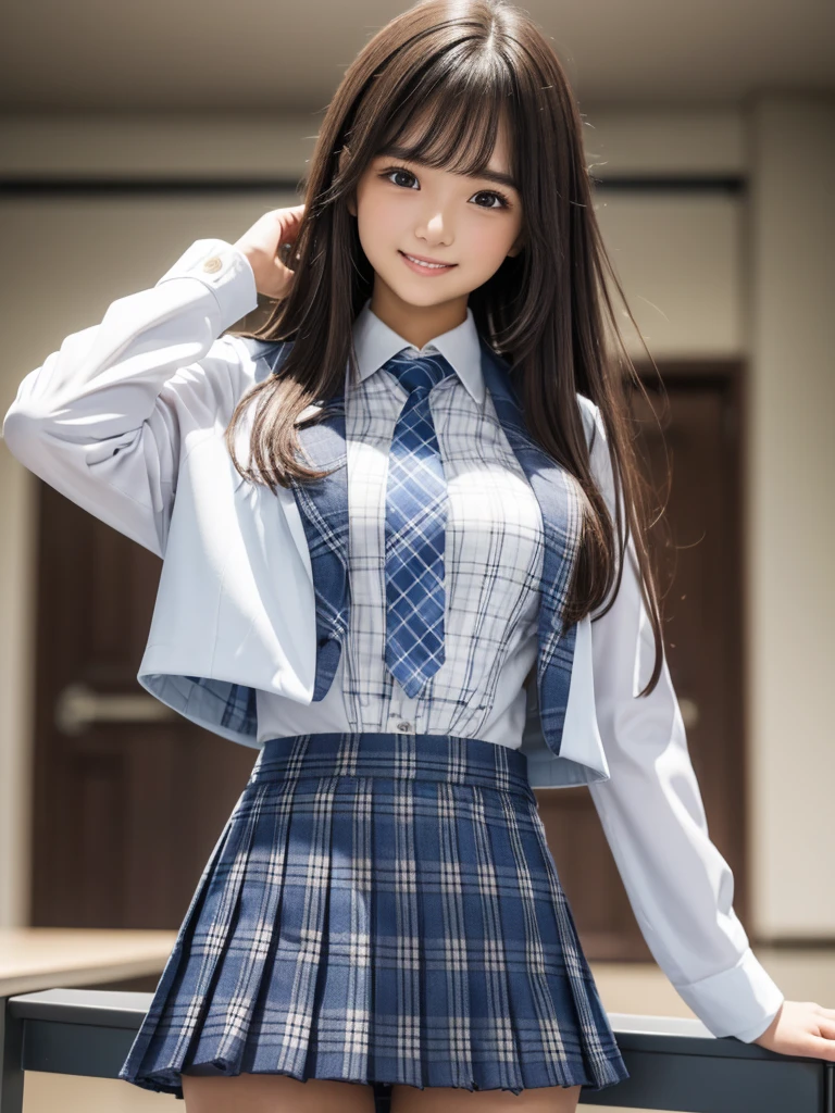 (8k, RAW Photos, highest quality), Stand in the classroom of school, (((((((One woman))))))), ((Brown Hair)), ((Semi-long hair)), ((Detailed eyes)), ((smile)), ((White blouse)), ((tie)), (((Dark blue closed blazer))), (((A blue plaid pleated miniskirt that wraps around the hips))), Asymmetrical bangs, 少しのsmile, Thighs, knees, Random pose,pretty girl,Slender girl